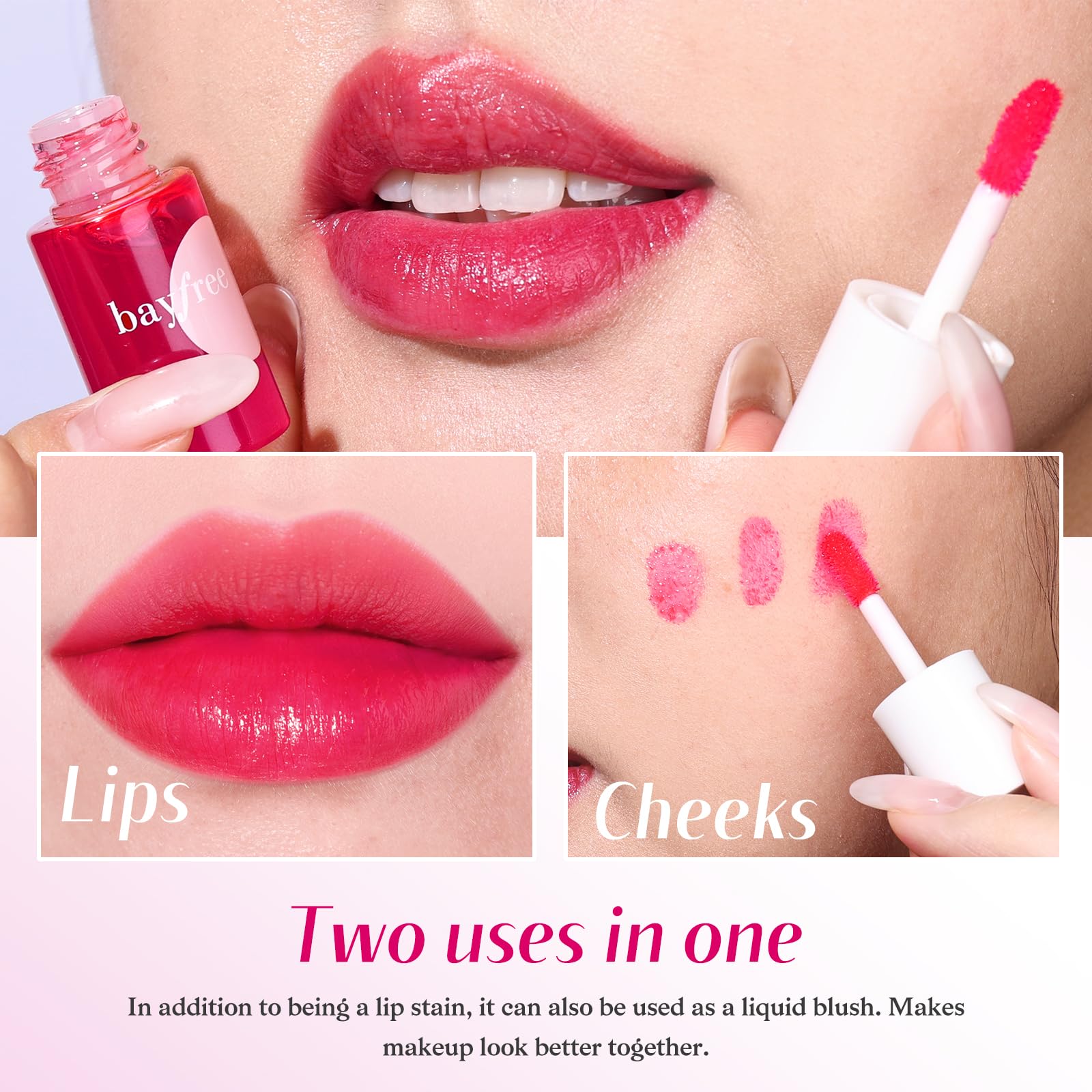bayfree set de tintes labiales y rubor: uso versátil en labios y mejillas.
