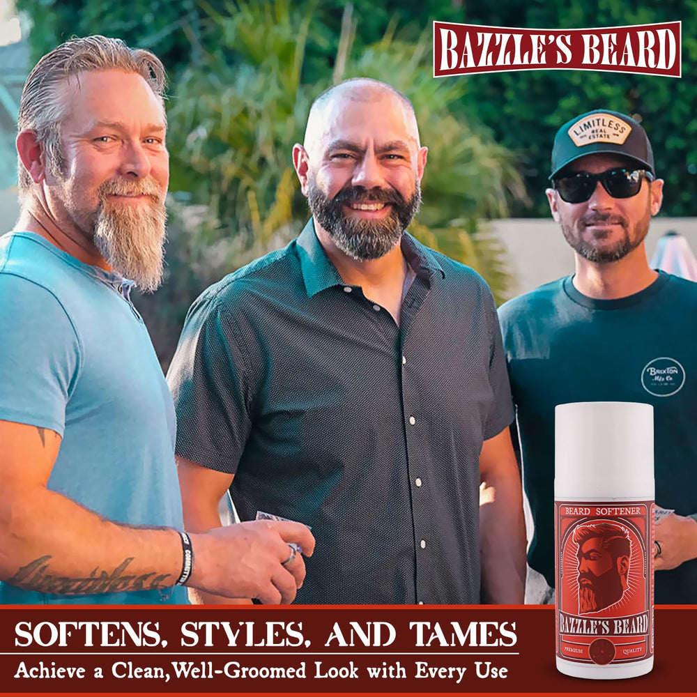 Aplicación de Bazzle's Beard Softener en las manos, peinado sencillo.