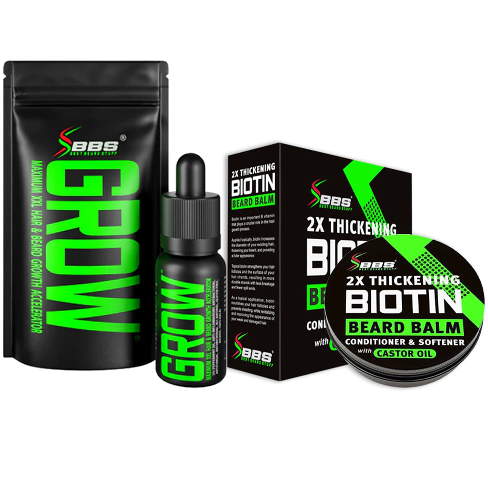 Sérum GROW de BBS Best Beard Stuff para estimular crecimiento y rellenar parches.