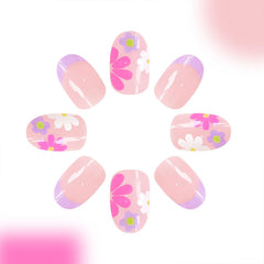 BDKAIWU uñas postizas tono piel rosado con detalles florales, aspecto suave.