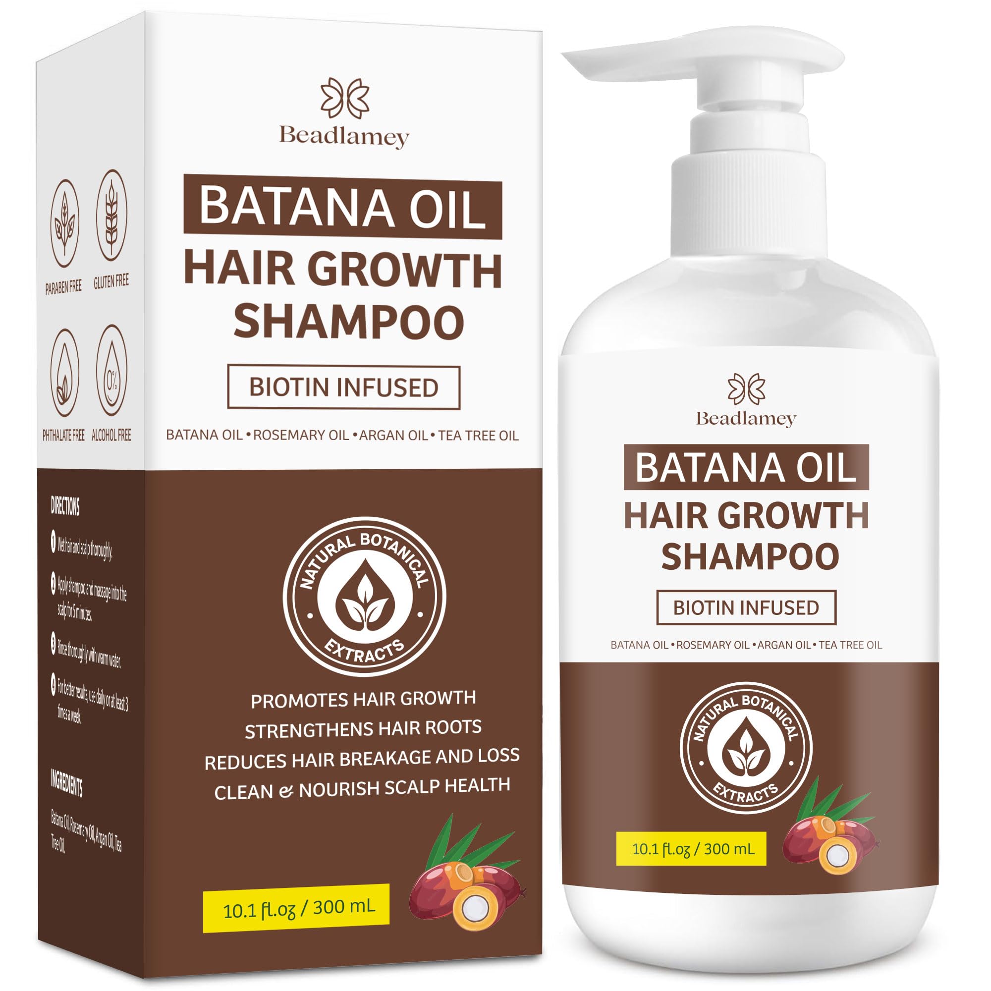 Beadlamey Root Activator Batana, botella derramando, uso diario para cuidado capilar.