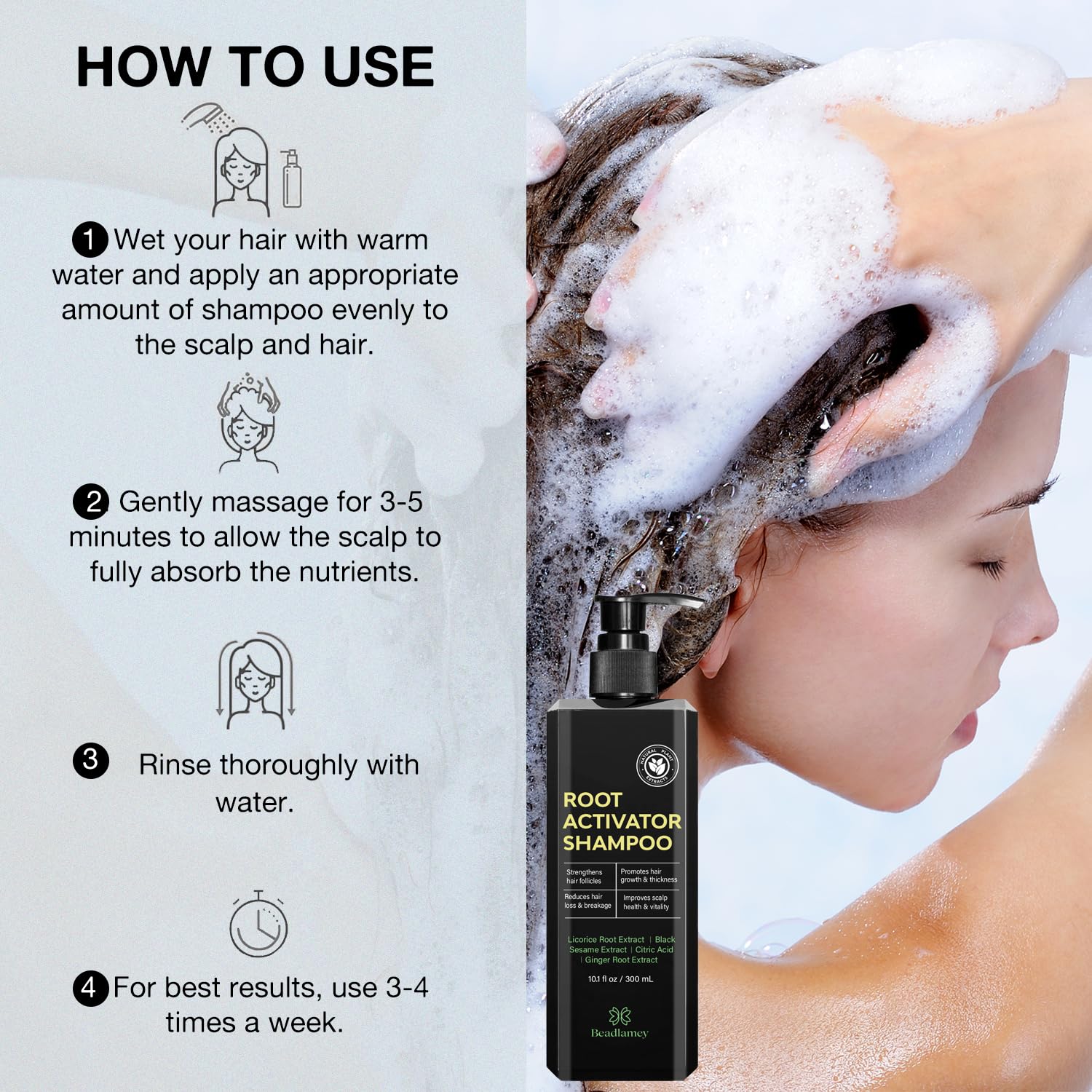 Beadlamey shampoing activateur de racines — étiquette et flacon soignés pour le bien-être