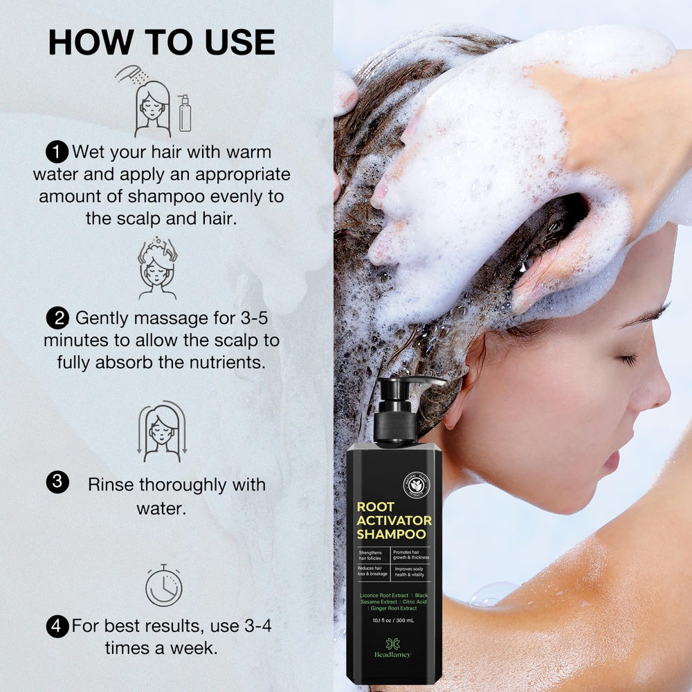 Beadlamey shampoing activateur de racines — étiquette et flacon soignés pour le bien-être