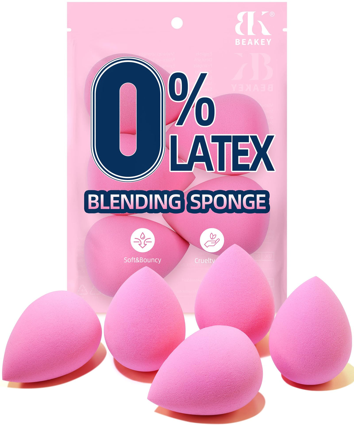 BEAKEY esponja maquillaje rosa, forma lágrima, para aplicación suave y uniforme.