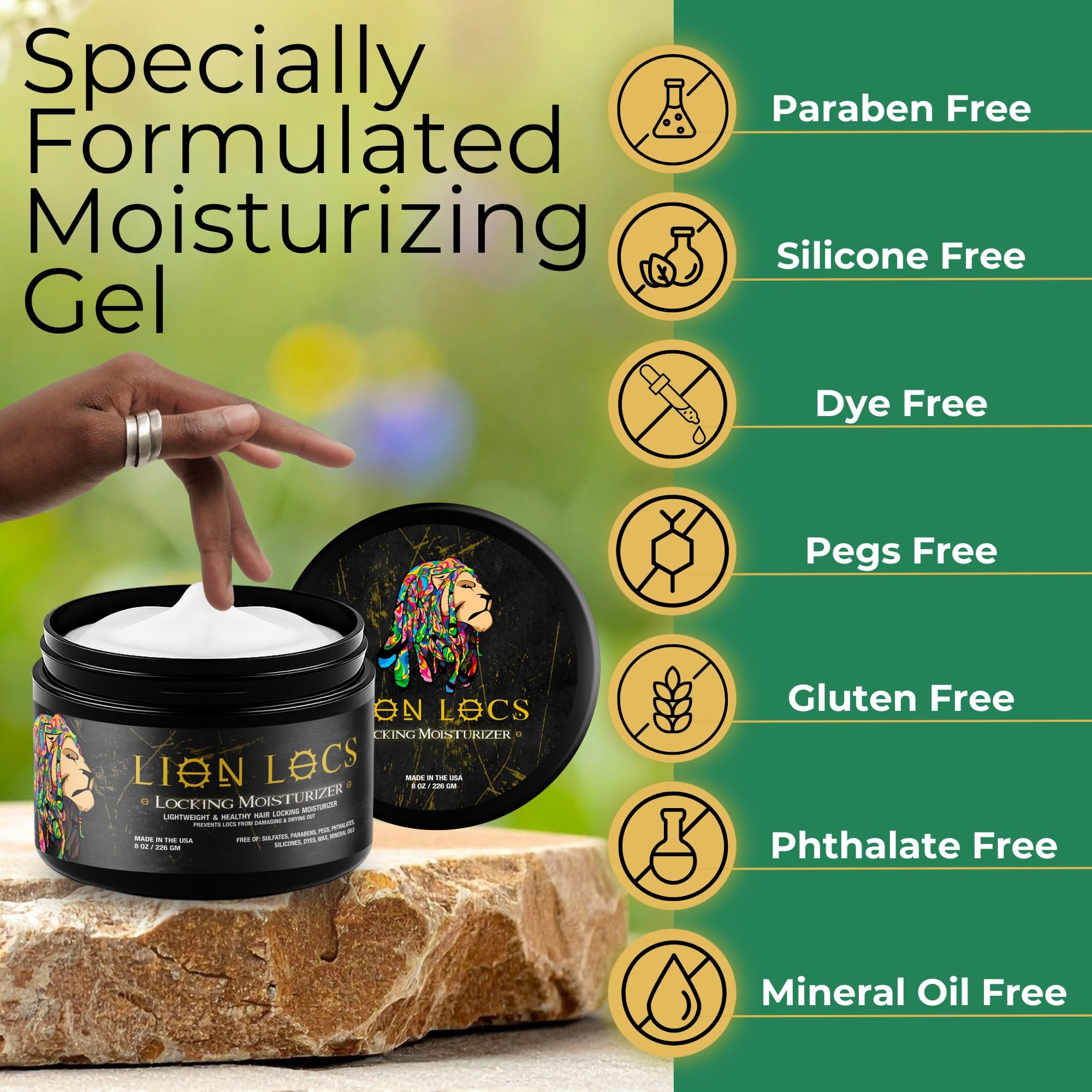 Beard Gains Lion Locs: ingredientes naturales con aloe vera y aceites para cuidado suave.