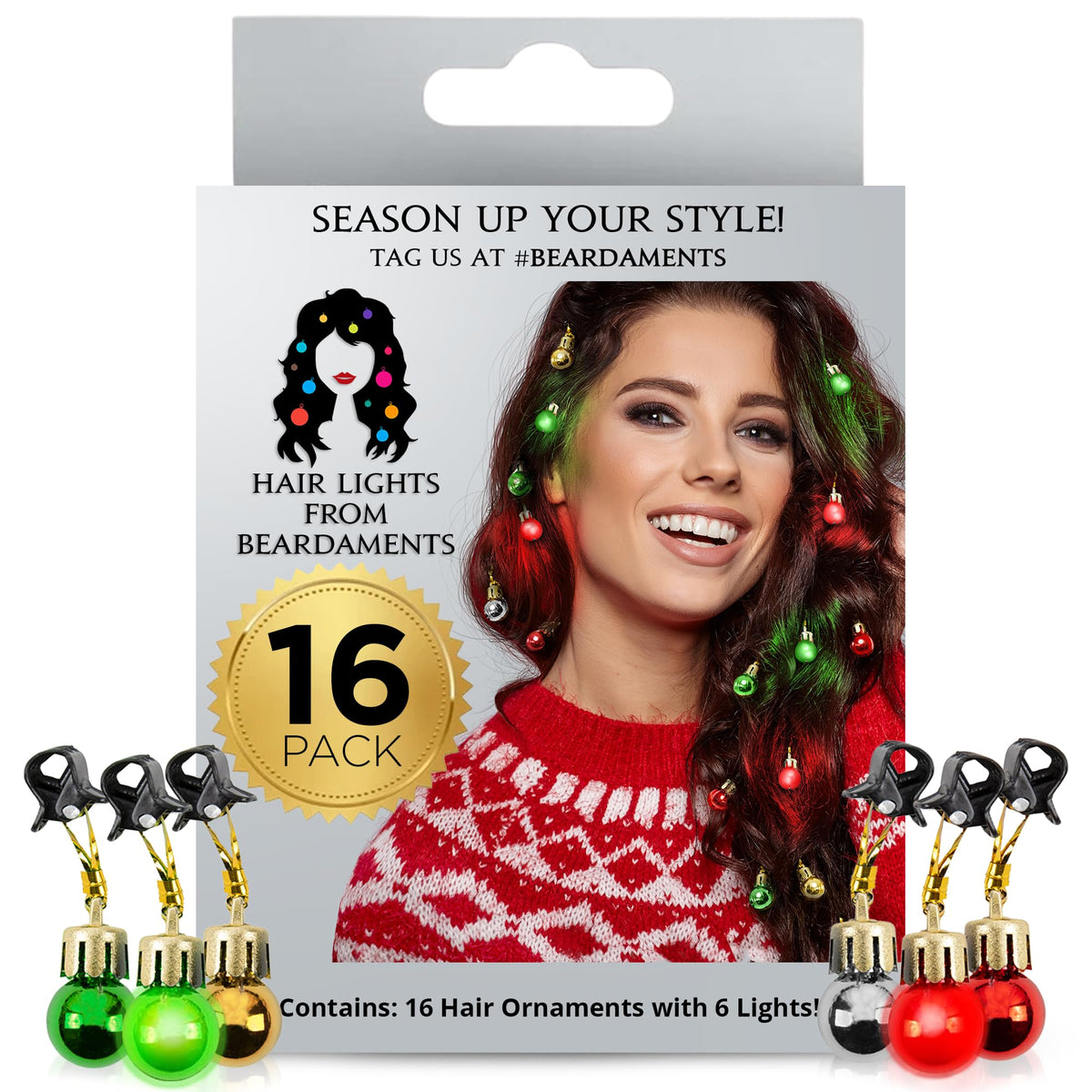 Beardaments ilumina el cabello con luces navideñas para fiestas
