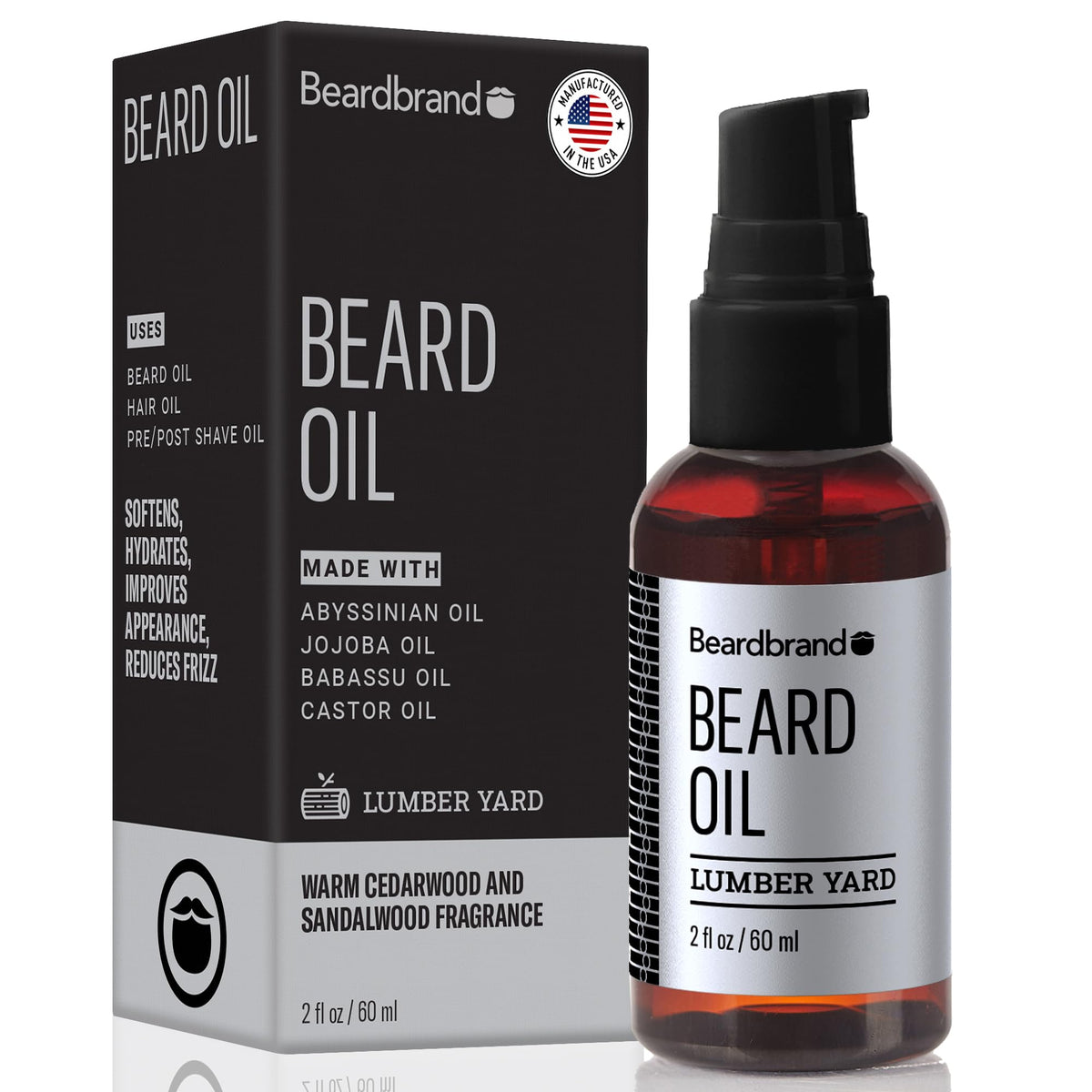 Beardbrand beard oil bottle focused on jojoba formula softening stubble.