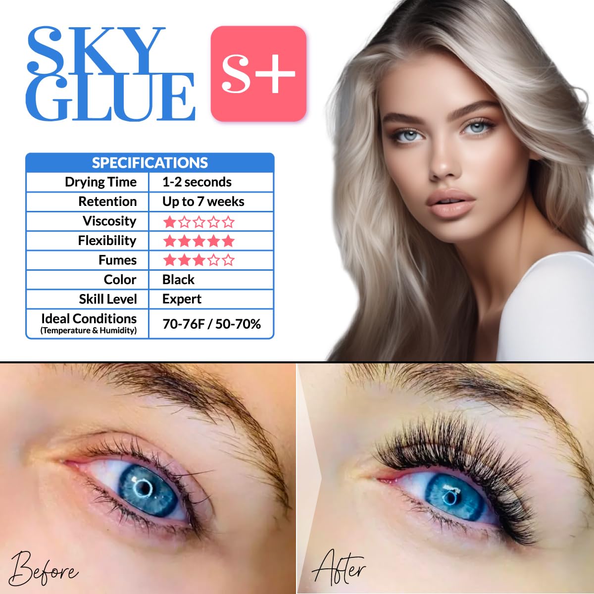 ADHESIVO BEAU LASHES S+ sin látex para mayor comodidad.