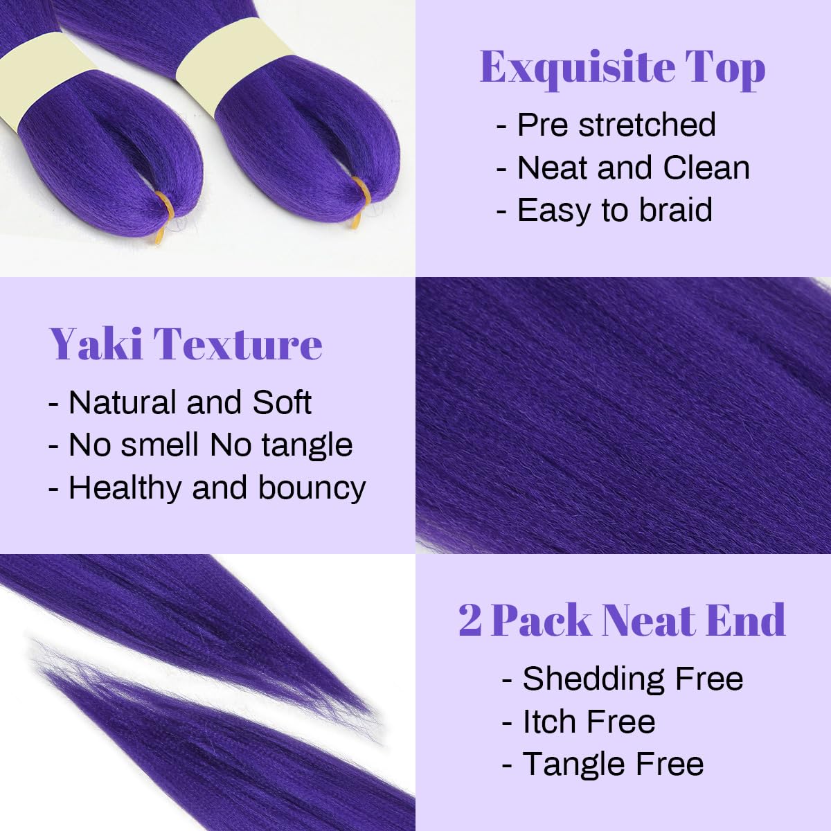 Beauday textura morada tipo Yaki, acabado suave para trenzas brillantes.