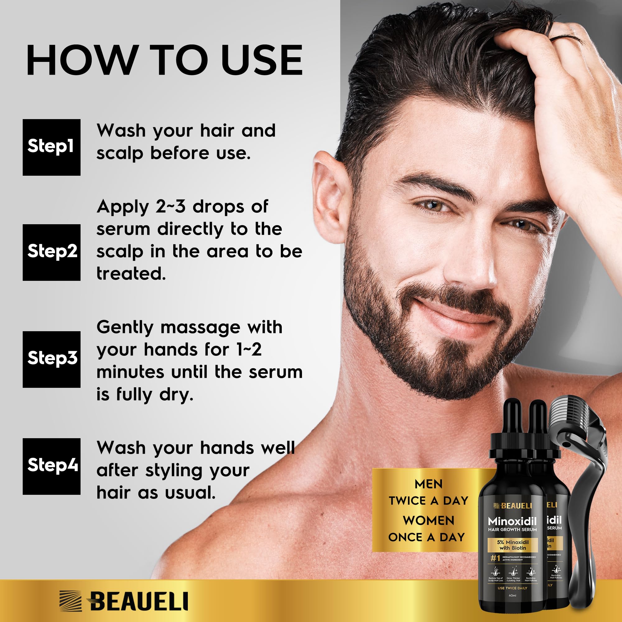 Rutina diaria con Beaueli Minoxidil 5% para el cuidado de la barba.