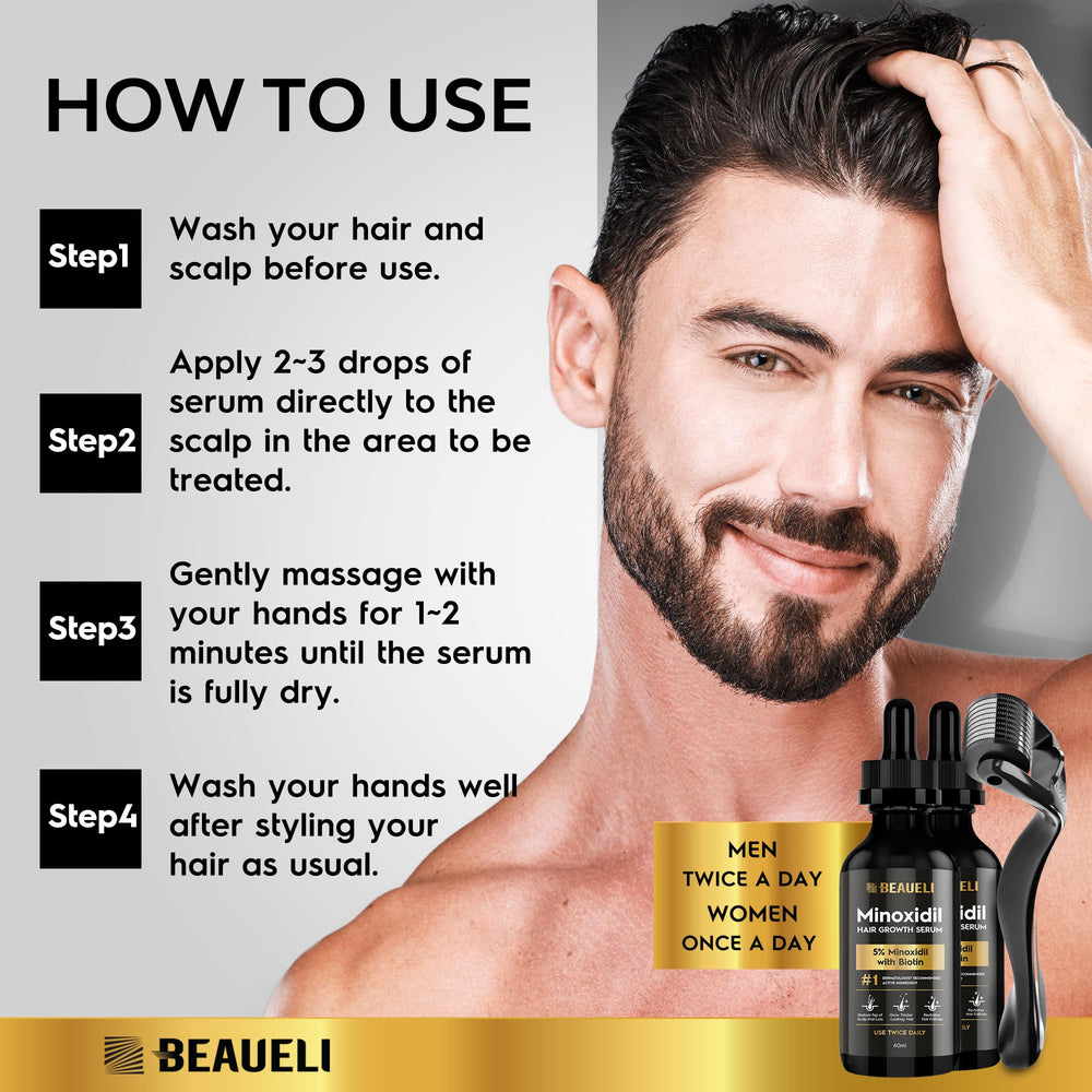 Rutina diaria con Beaueli Minoxidil 5% para el cuidado de la barba.