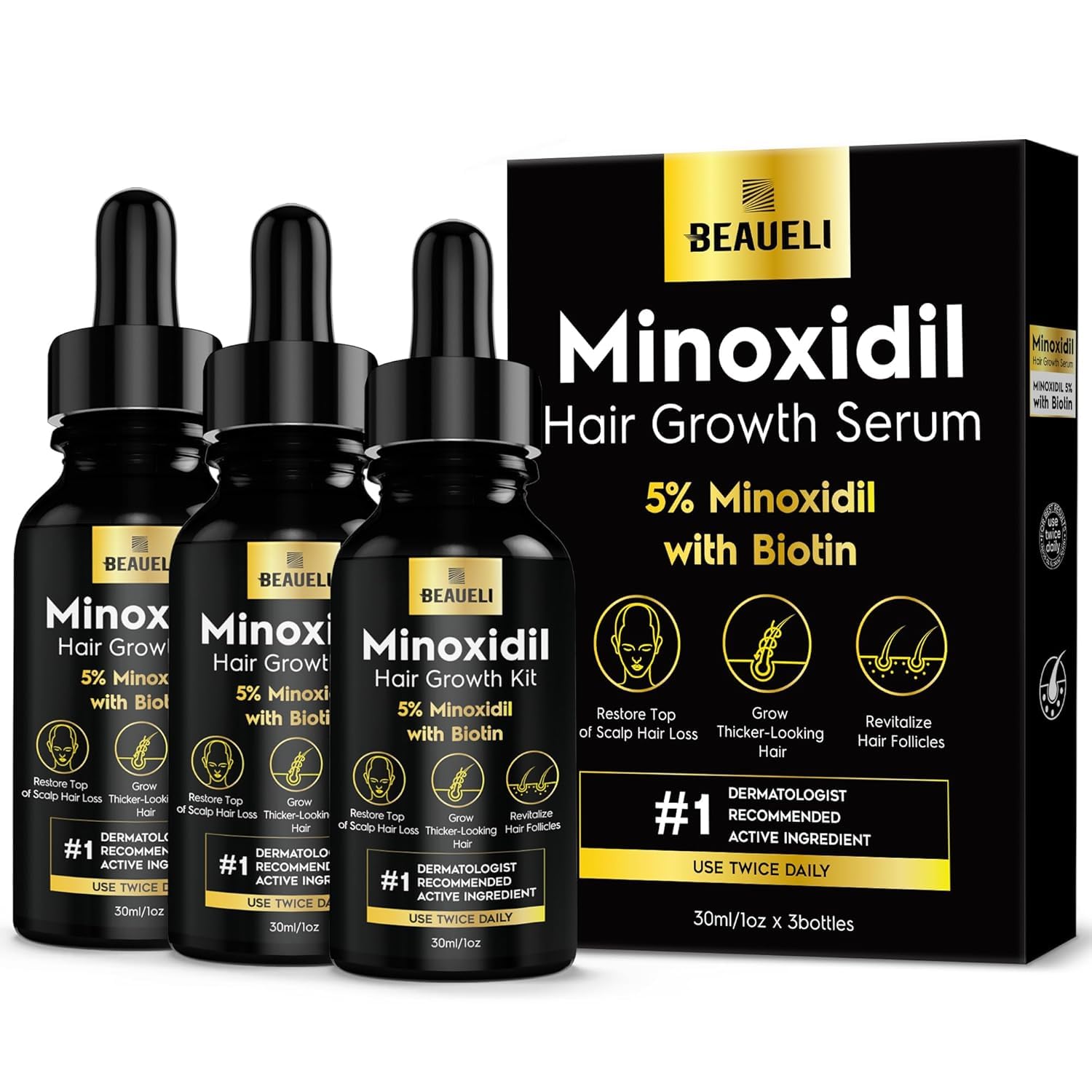 Beaueli Minoxidil 5% botella con gota sin fragancia para uso diario en cuero cabelludo.