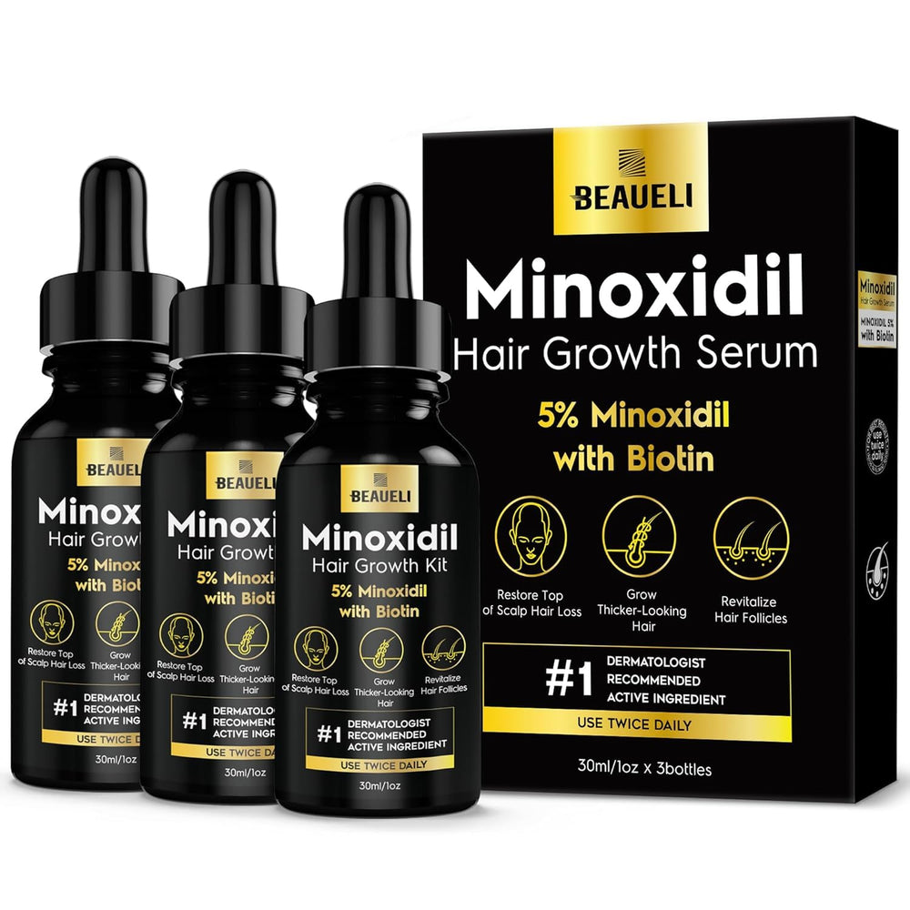 Beaueli Minoxidil 5% botella con gota sin fragancia para uso diario en cuero cabelludo.