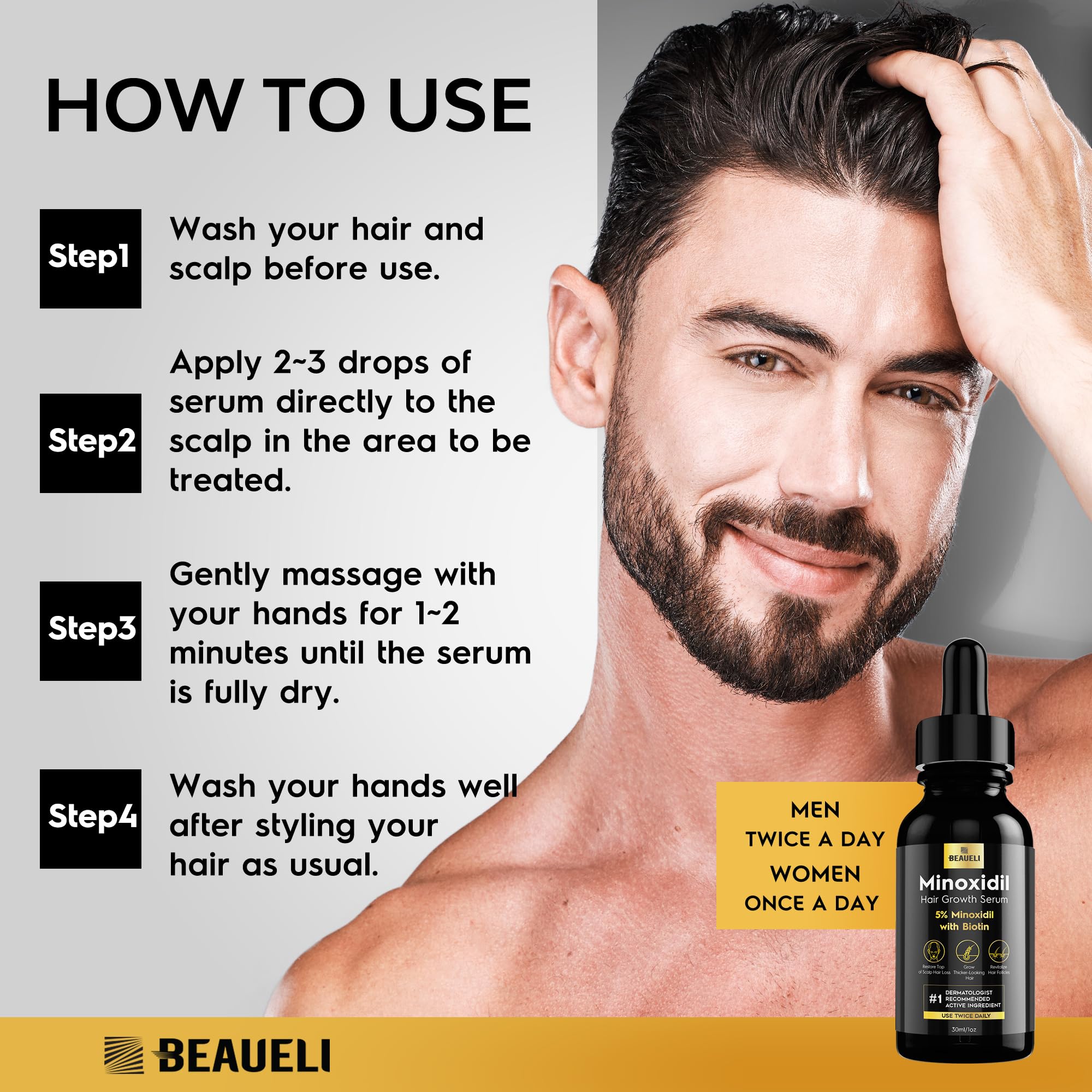 Envase minimalista de Beaueli Minoxidil 5% para estantería.