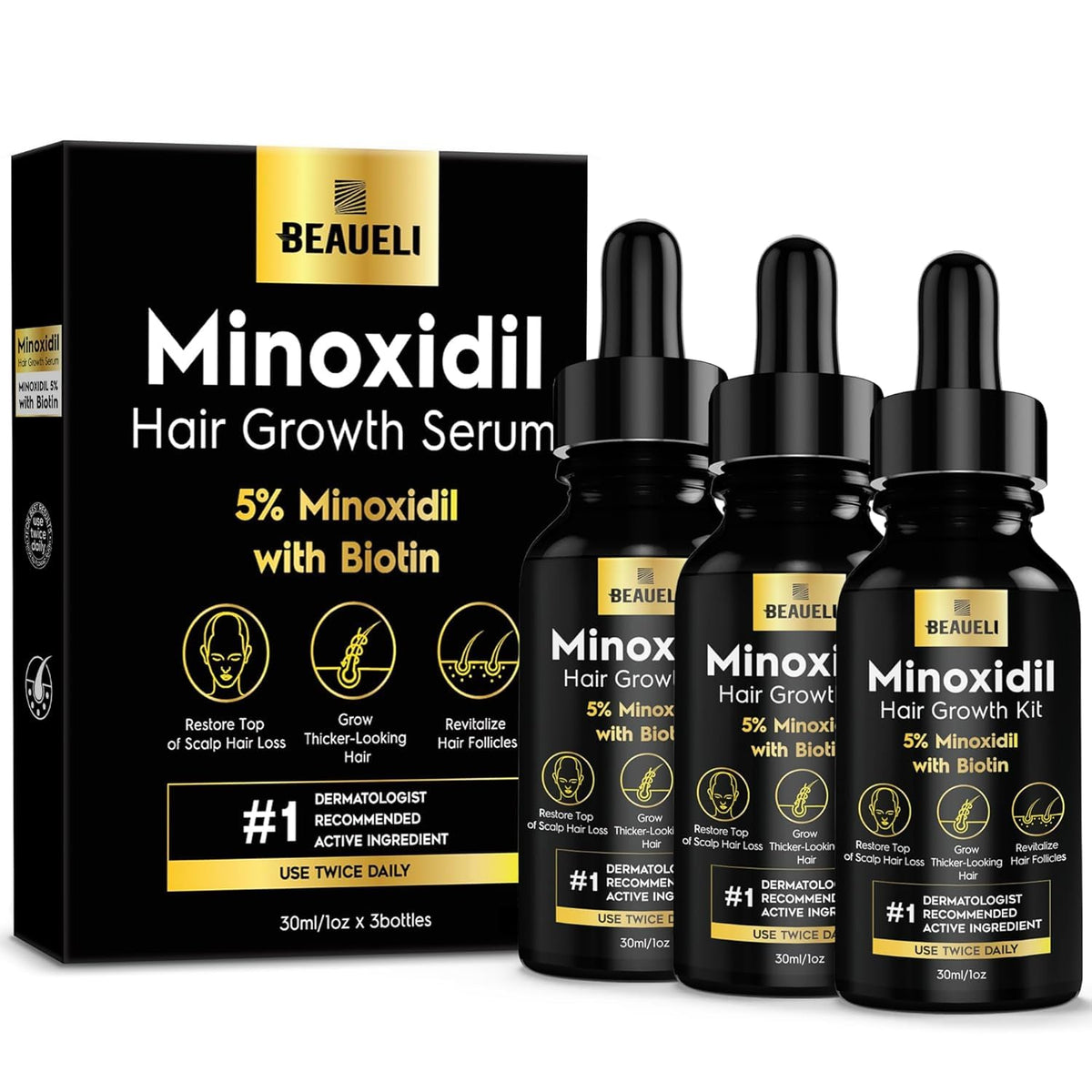Beaueli Minoxidil 5% en 3-pack para densidad capilar potencial