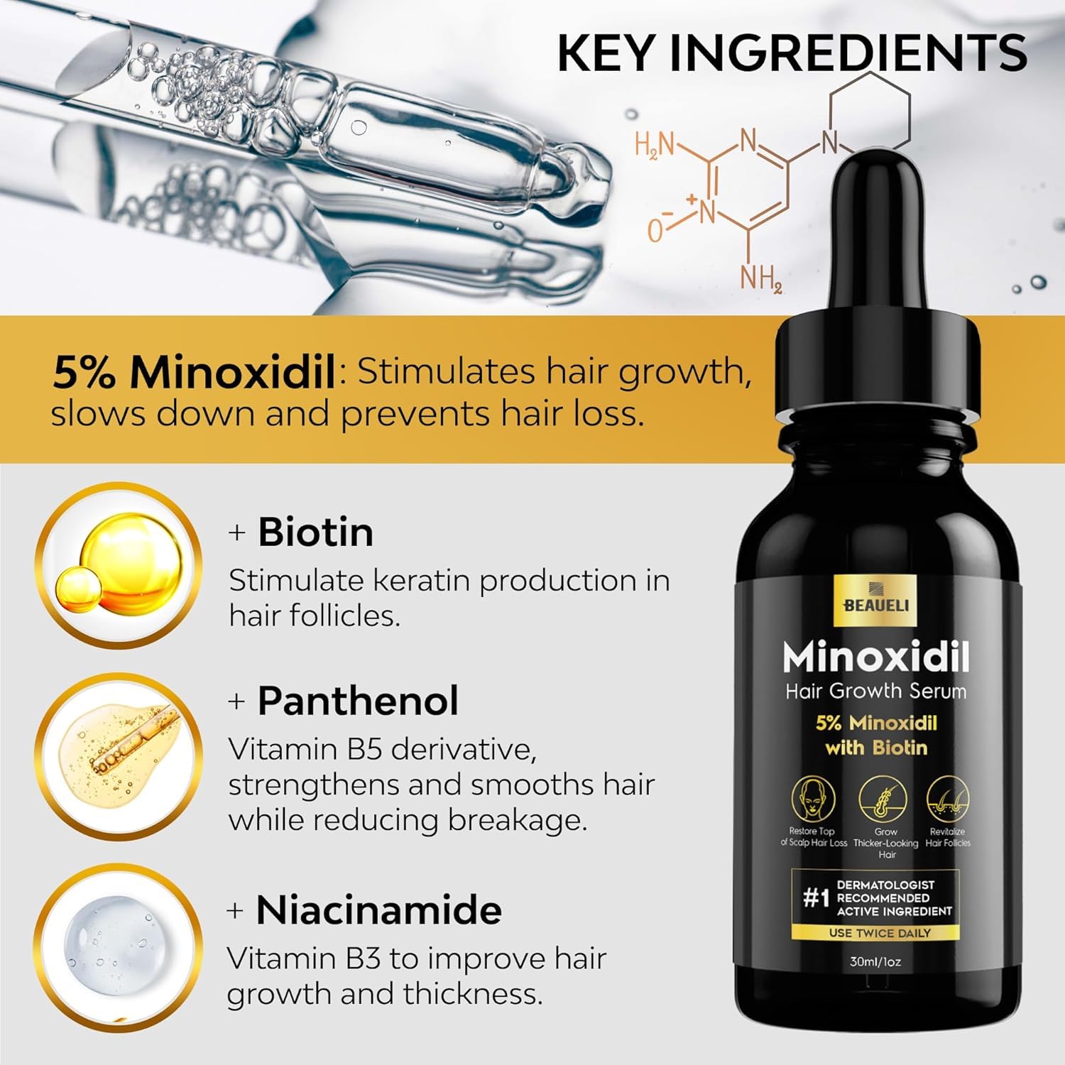 Beaueli minoxidil cabello áreas delgadas apoyo visual