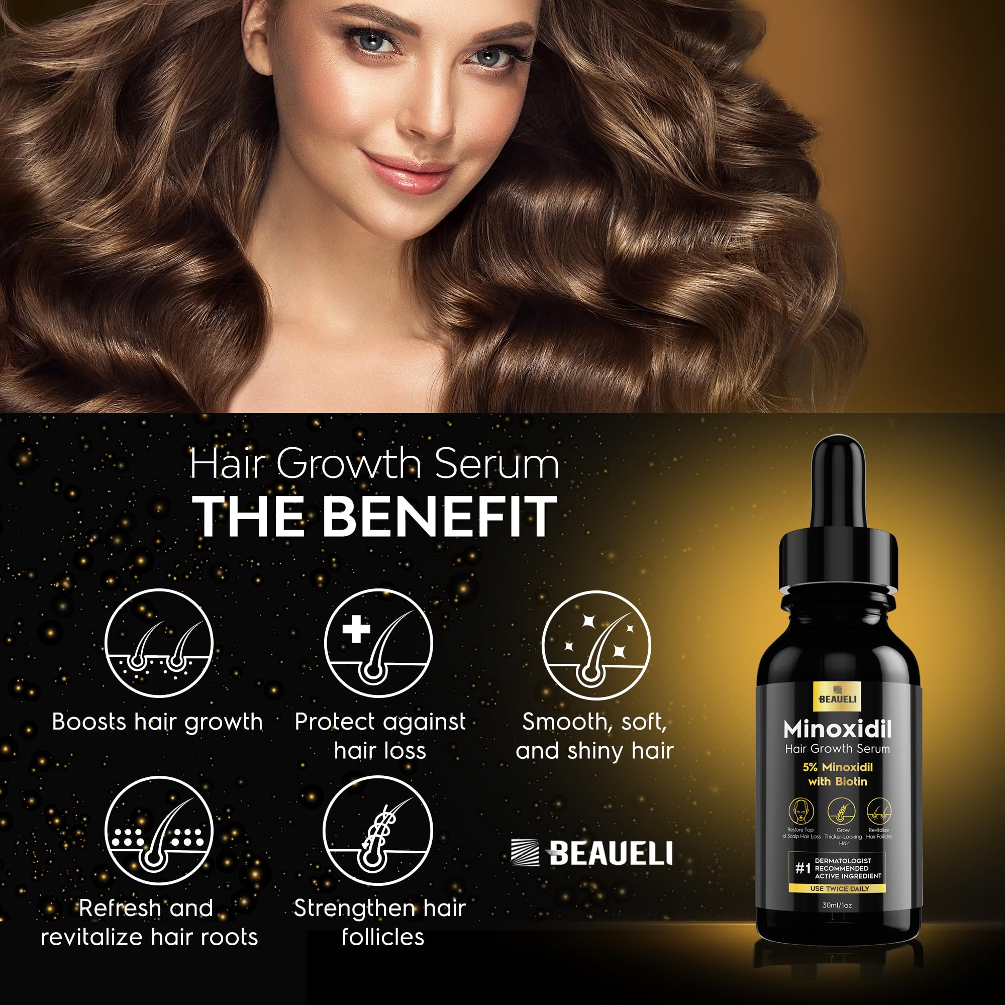 Beaueli Minoxidil mujer-cabello muestra resultados visibles con uso regular.
