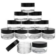 Frascos acrílicos transparentes Beauticom de 20 g con tapa negra plana para muestras cosméticas