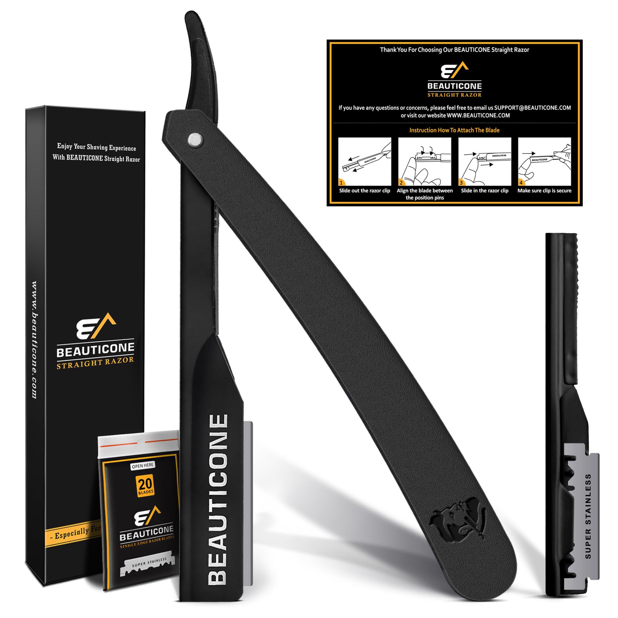 Beauticone navaja recta barbero con mango ergonómico para control preciso.