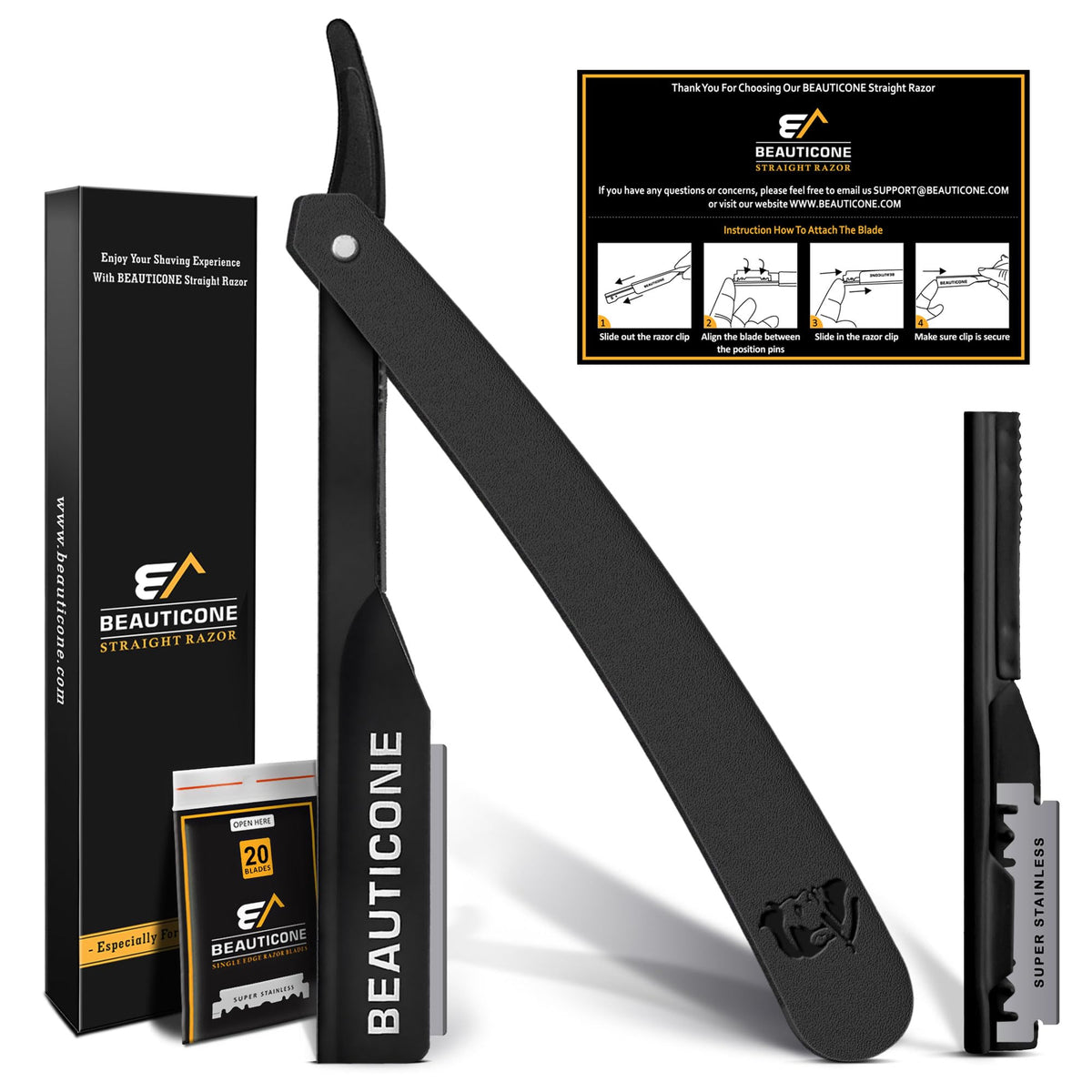 Beauticone navaja recta barbero con mango ergonómico para control preciso.