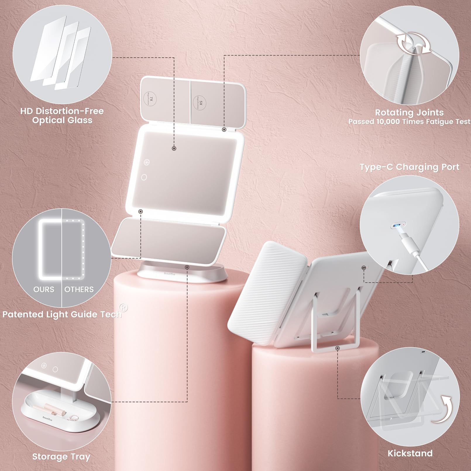 Beautifive Espejo recargable por USB para uso sin cables.
