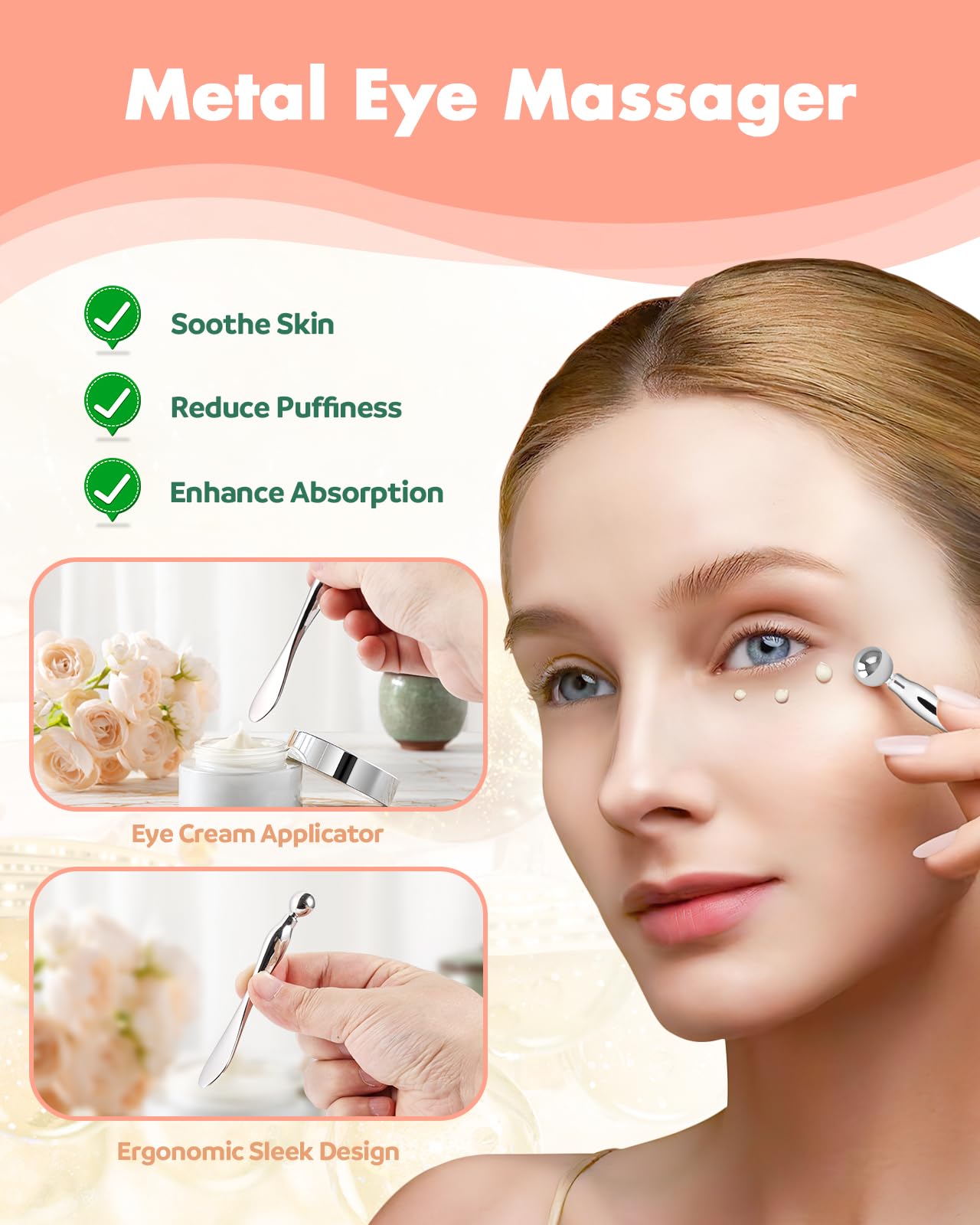 Beautistin aplicador masaje ojos metalico: masaje ligero para relajación alrededor del contorno.