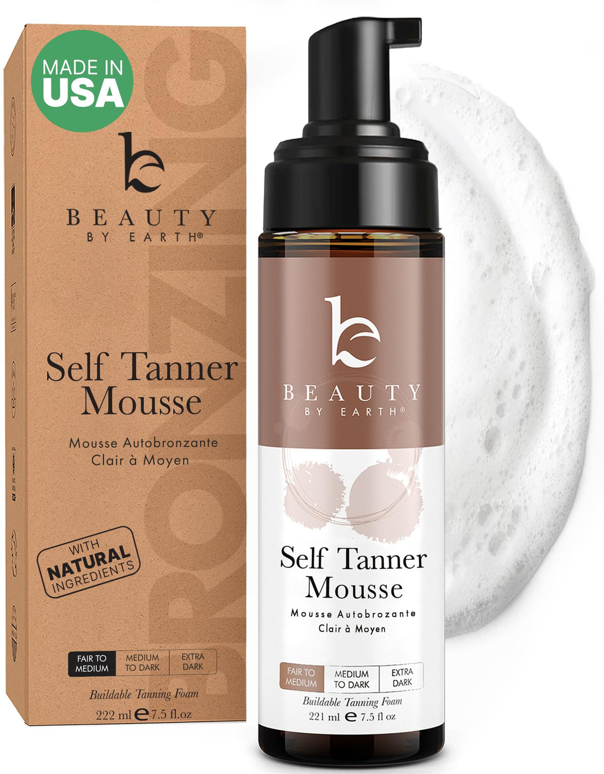 Beauty by Earth autobronceador mousse en botella: color natural para piel clara.