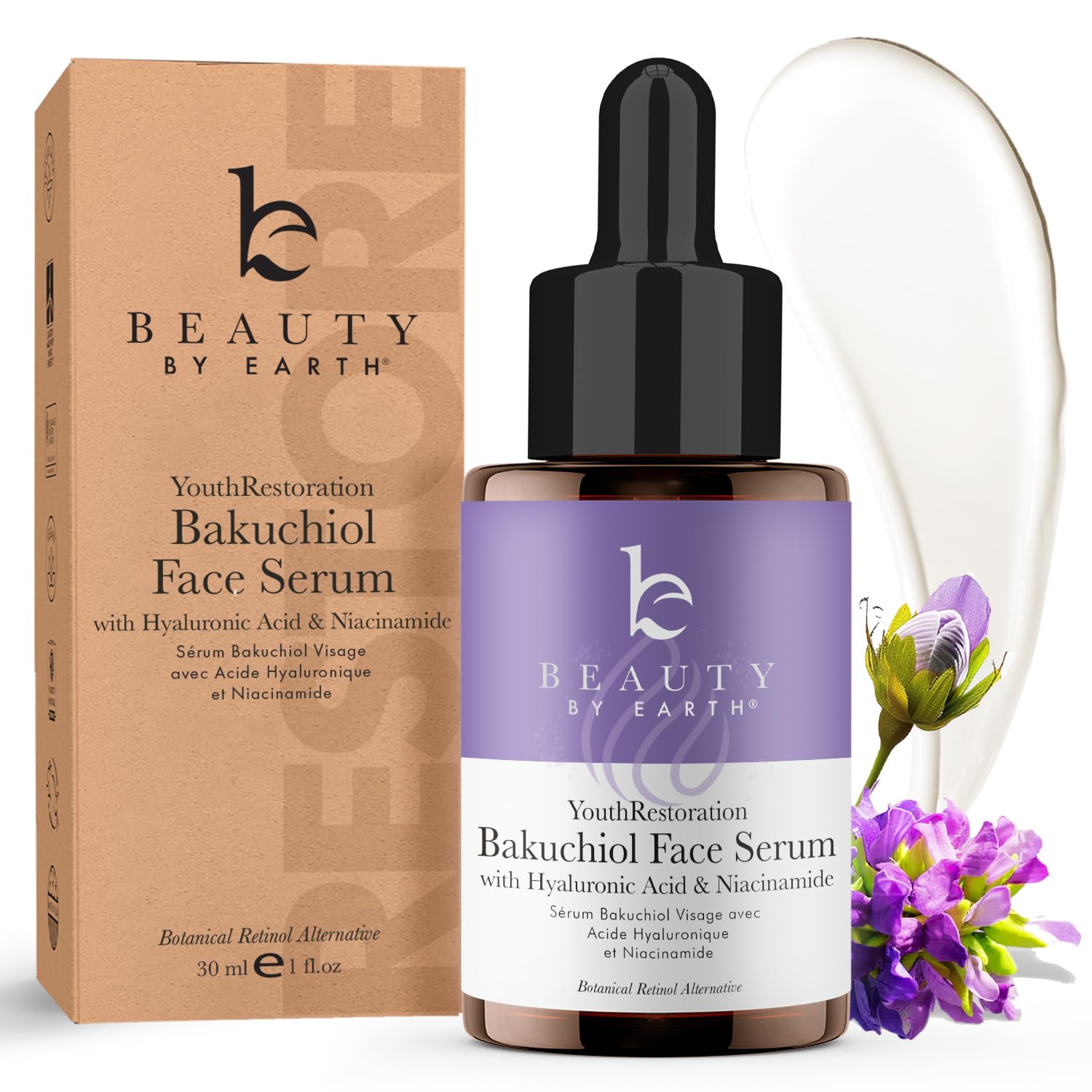 Beauty by Earth Bakuchiol Serum, botella, aplicación suave para una piel más firme