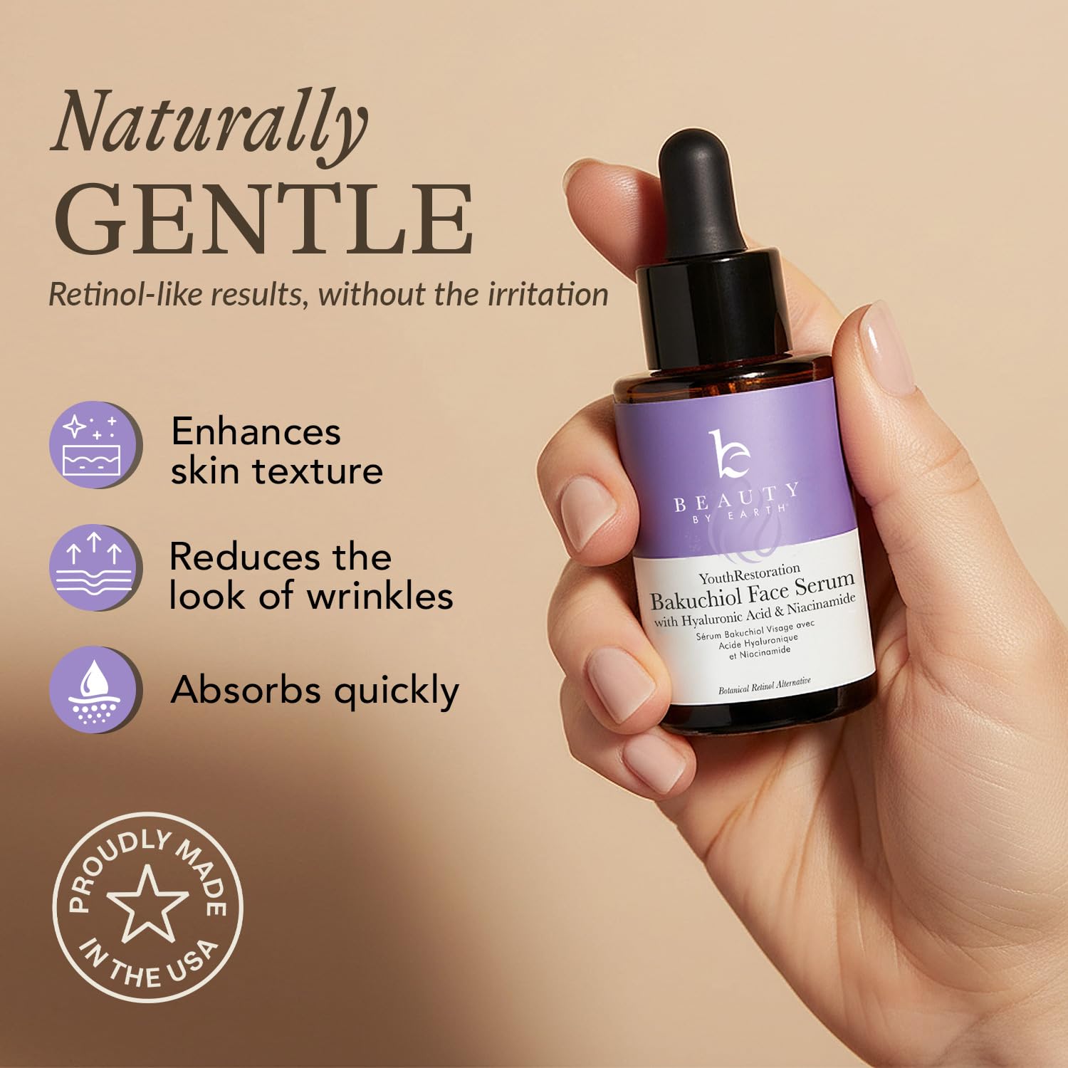 Beauty by Earth Bakuchiol Serum, textura seda, absorción rápida para piel suave