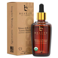 Beauty by Earth: botella de Aceite Facial Balance & Restore para piel equilibrada y suave.