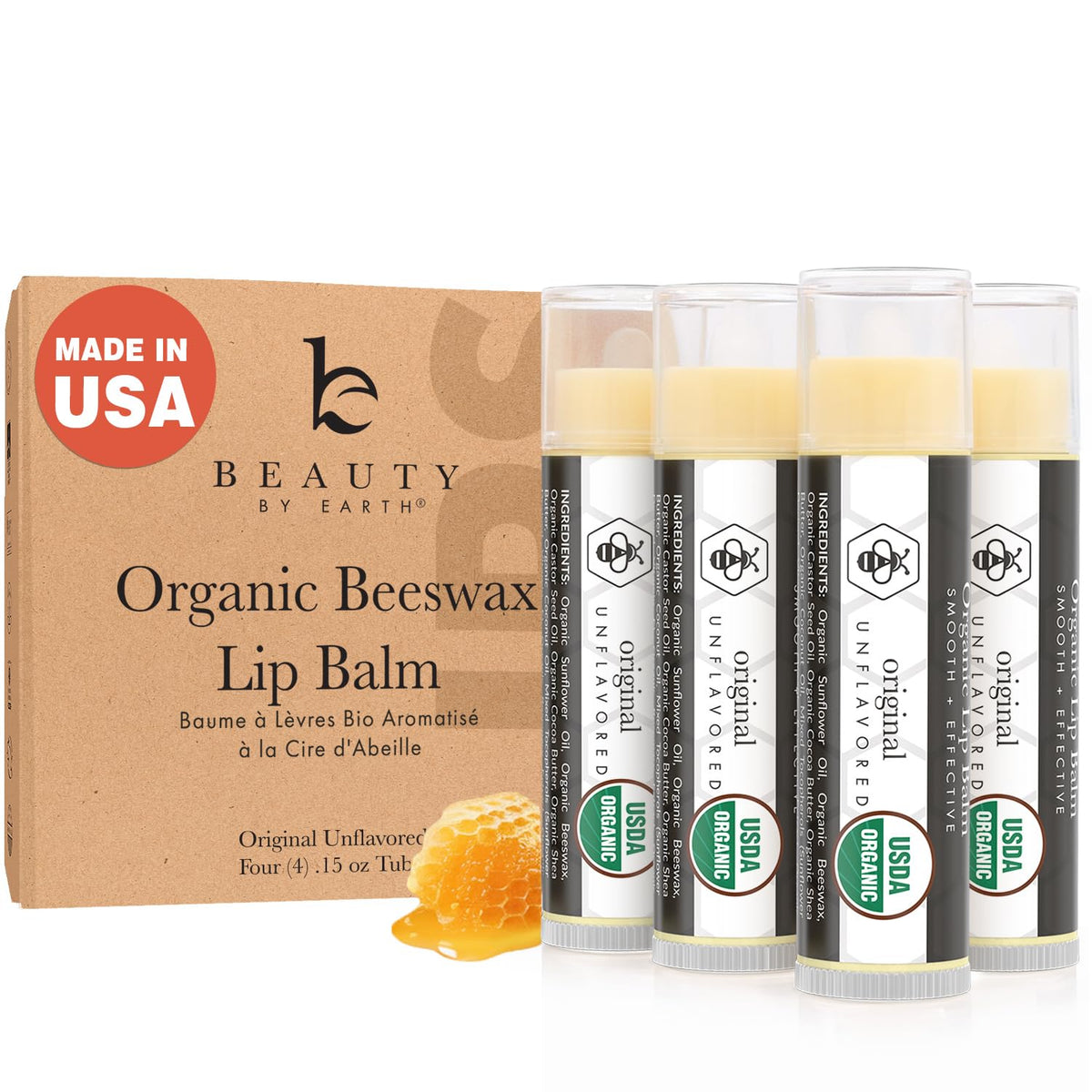 Beauty by Earth bálsamo labial, paquete de cuatro sin sabor para hidratación diaria.