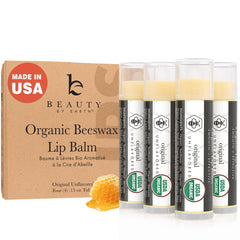 Beauty by Earth bálsamo labial, paquete de cuatro sin sabor para hidratación diaria.
