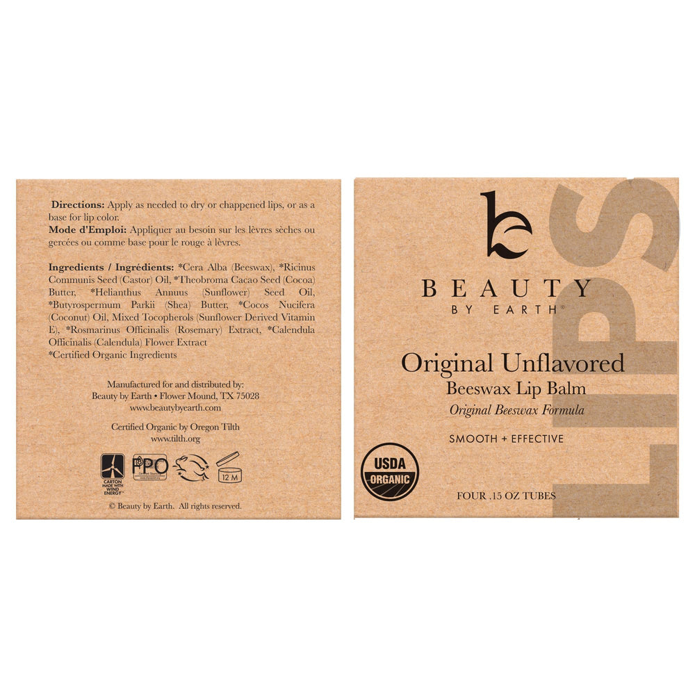 Beauty by Earth bálsamo labial, ingredientes orgánicos y cacao para barrera suave.