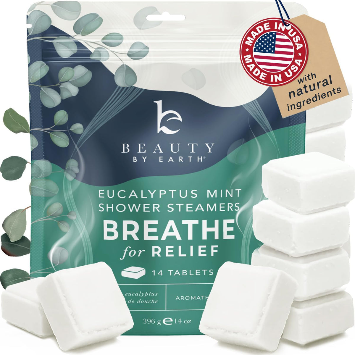 Beauty by Earth bomba de ducha aromaterapia con eucalipto para relajación diaria.