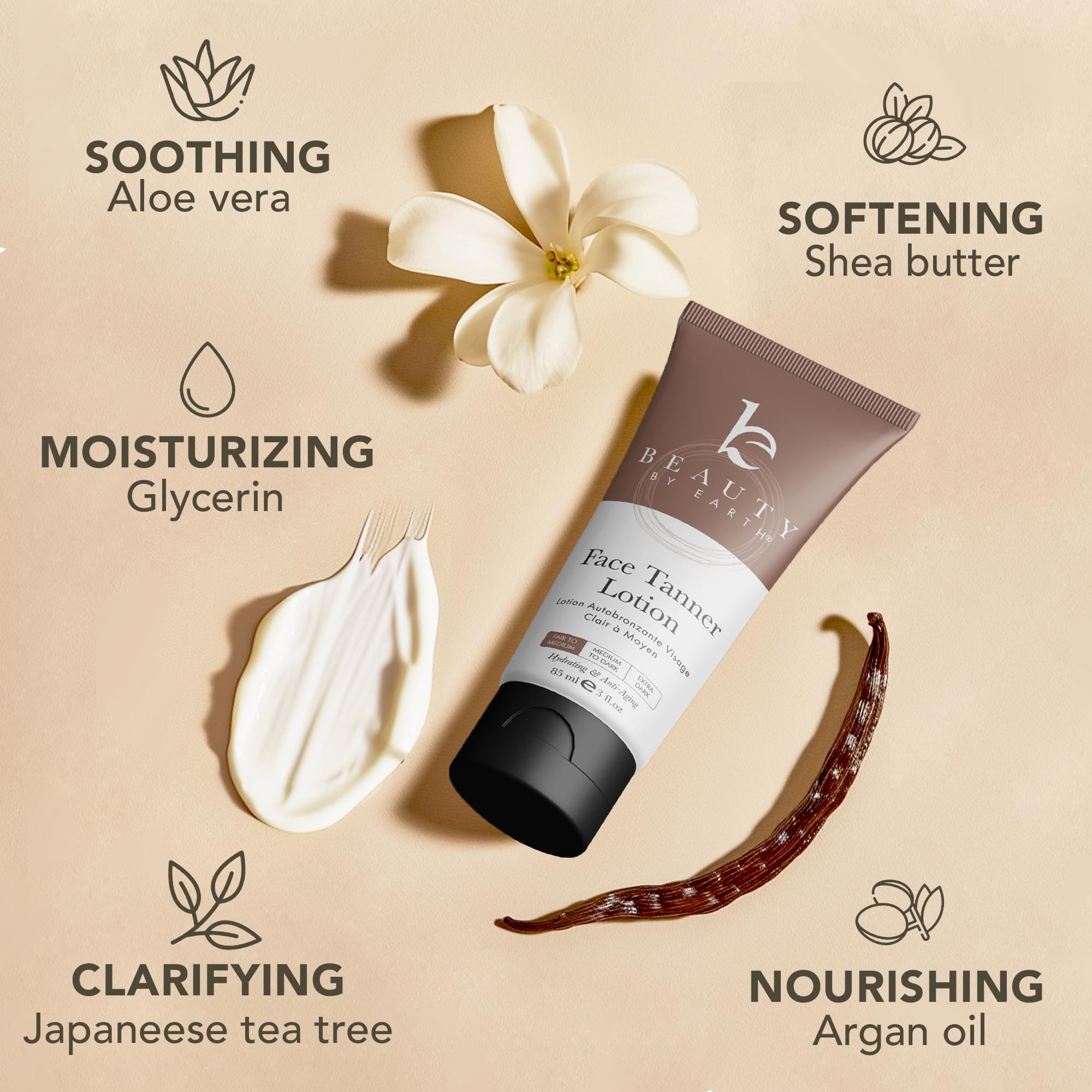 Beauty by Earth bronceado facial para piel sensible, cuidado suave.