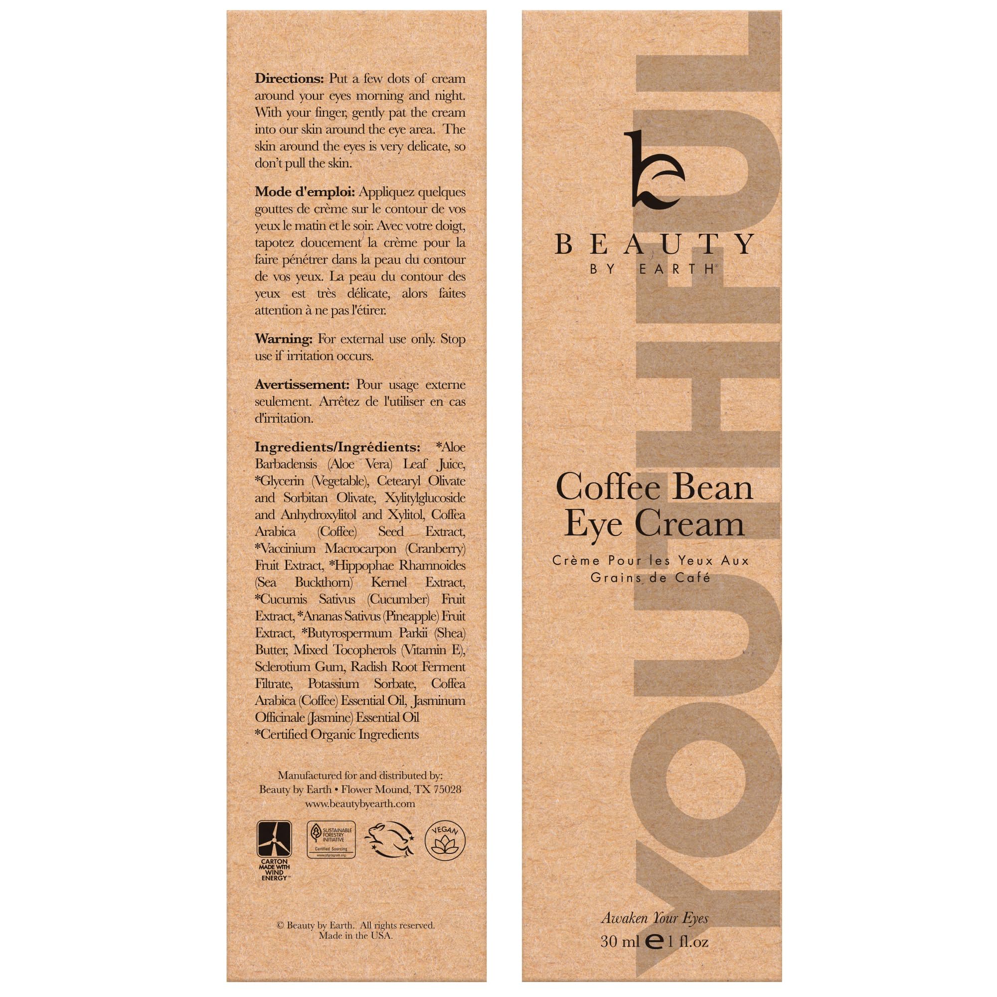 Beauty by Earth Caffeine Eye Cream - Uso diario para piel sensible sin irritaciones.