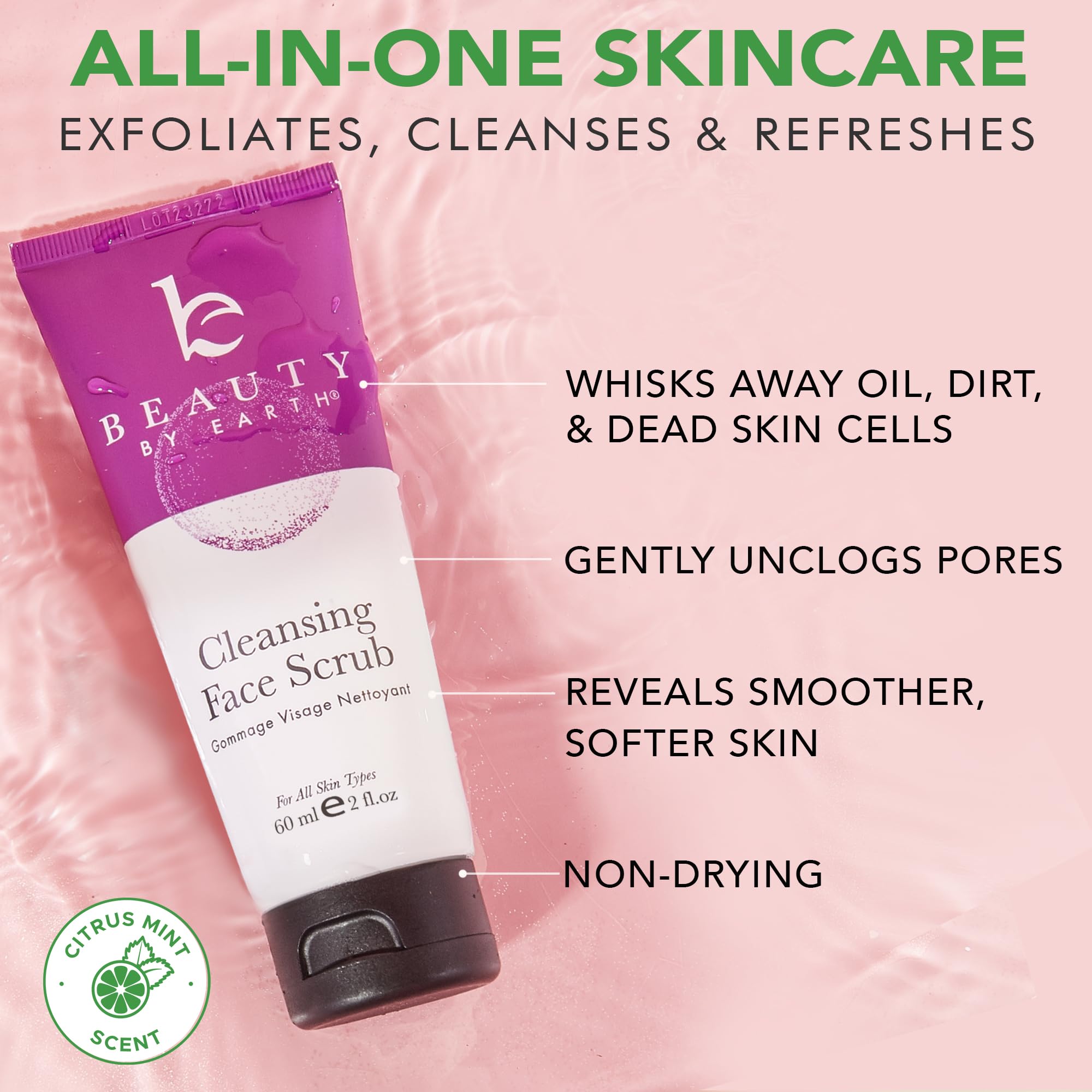 Beauty by Earth exfoliante facial desobstruye poros y revela tez fresca.