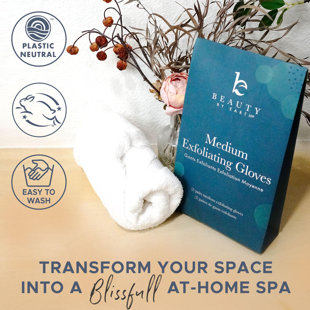 Beauty by Earth guantes exfoliantes: eliminan células muertas y preparan la piel para hidratación.