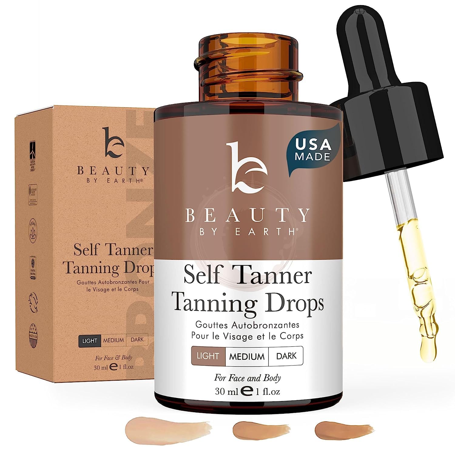 Beauty by Earth: gotas autobronceadoras para rostro, tono natural y suave.