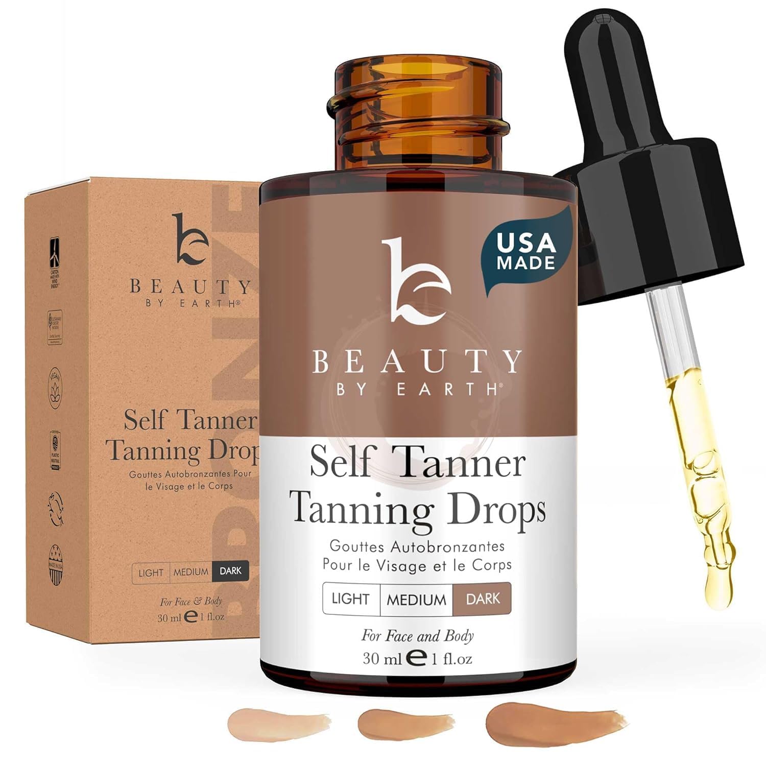 Beauty by Earth Gotas bronceador rostro en envase fácil de usar.