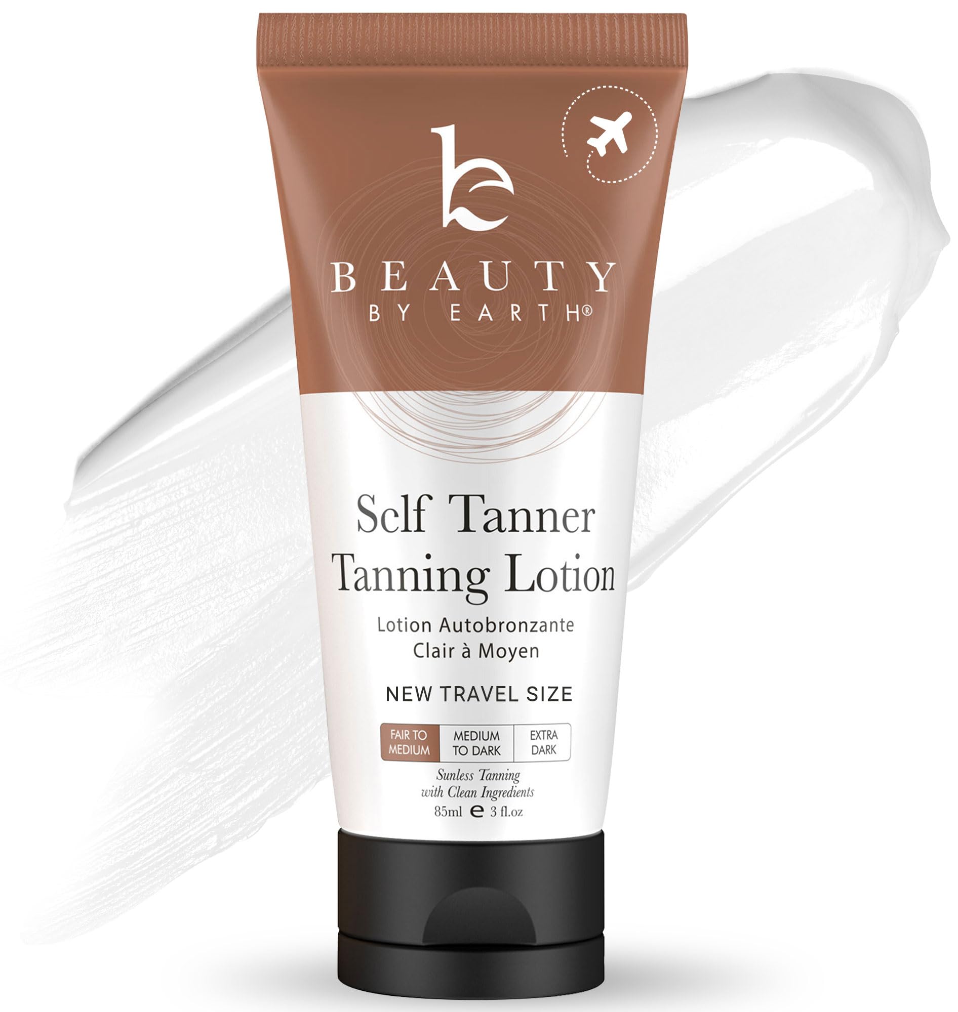 Beauty by Earth loción autobronceadora en tamaño de viaje para bronceado práctico.