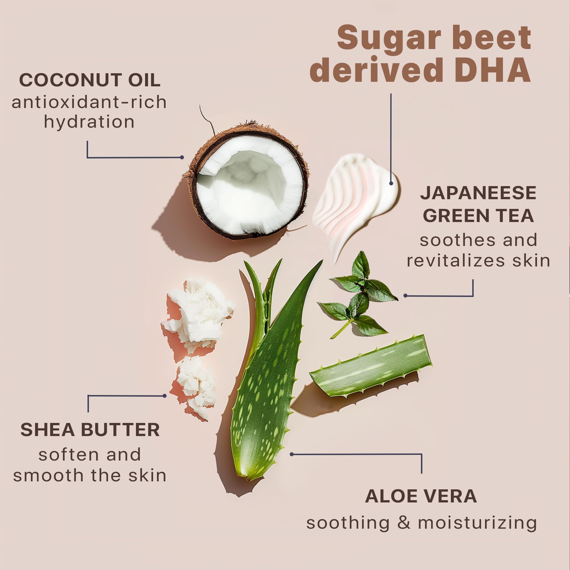 Ingrédients bio aloe vera et karité nourrissent la peau pendant l autobronzant.