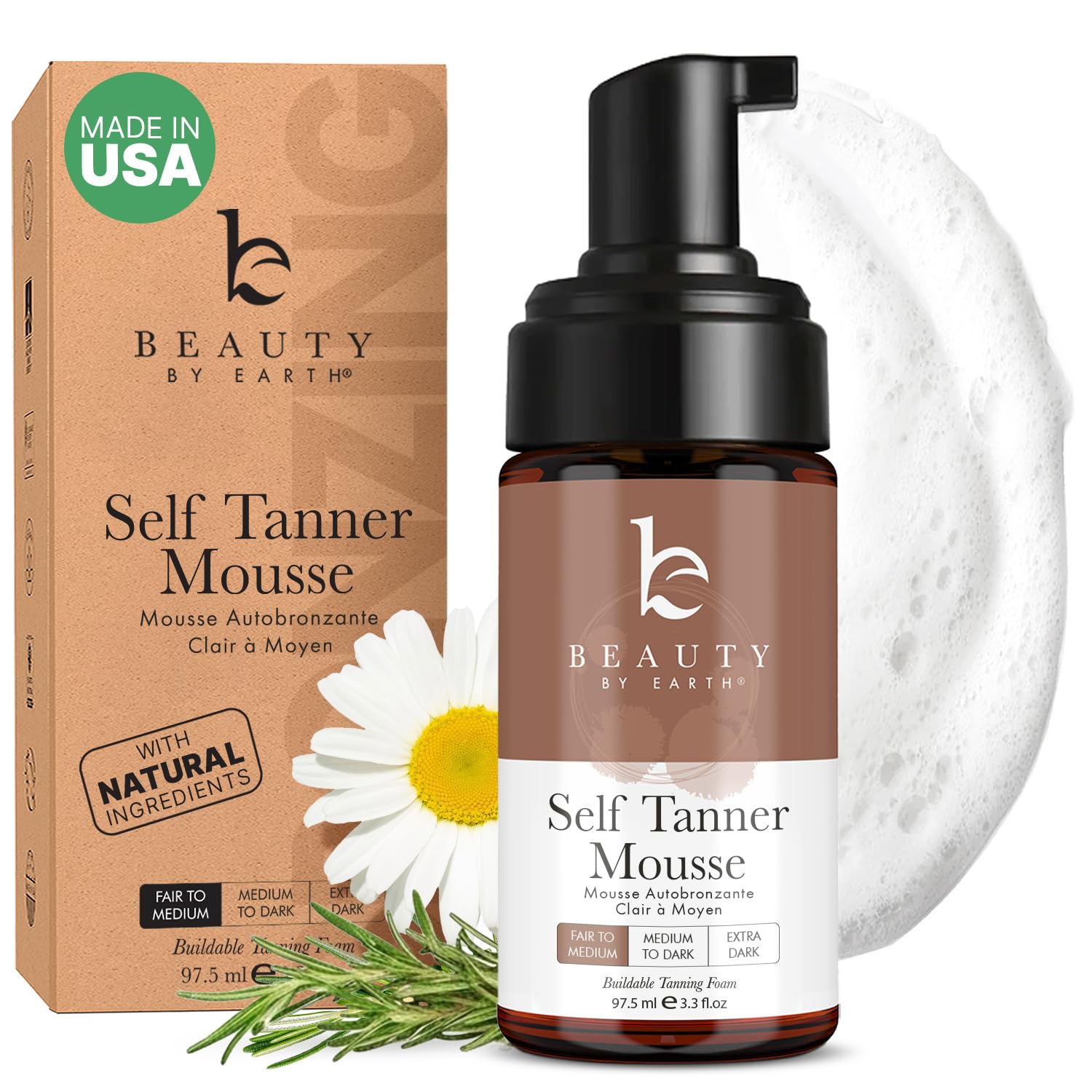 Beauty by Earth mousse auto-bronzante : flacon et application facile pour un teint naturel