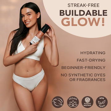 Beauty by Earth Self Tanner Mousse, acabado sin manchas para piel luminosa y uniforme.
