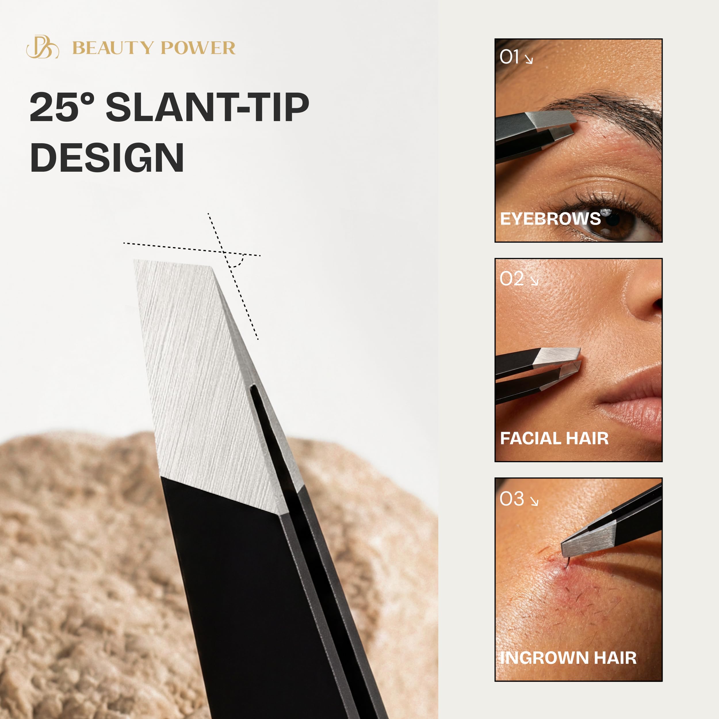 Beauty Power pinzas de punta inclinada para cejas y rostro