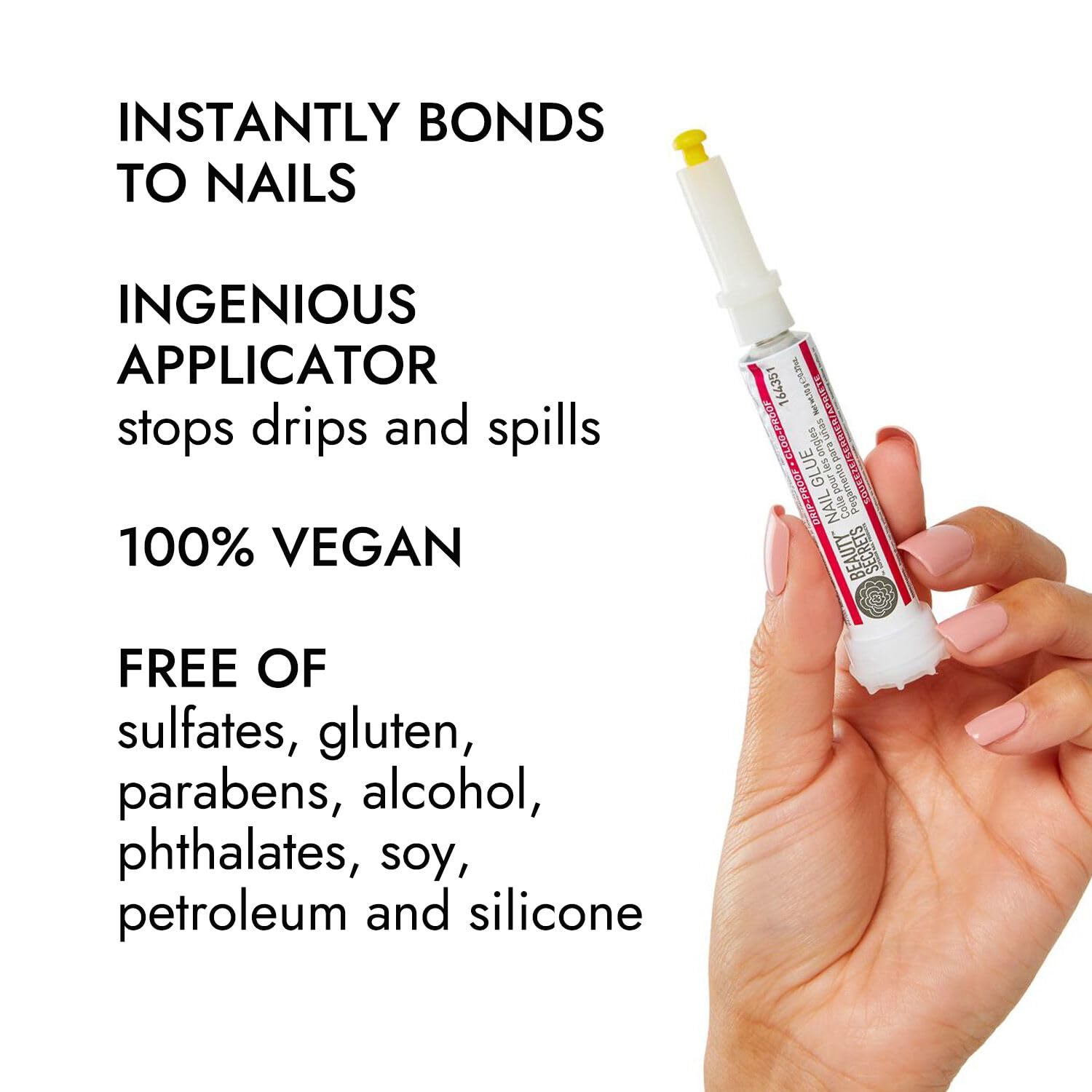 Beauty Secrets empaque muestra pegamento y lima para uñas