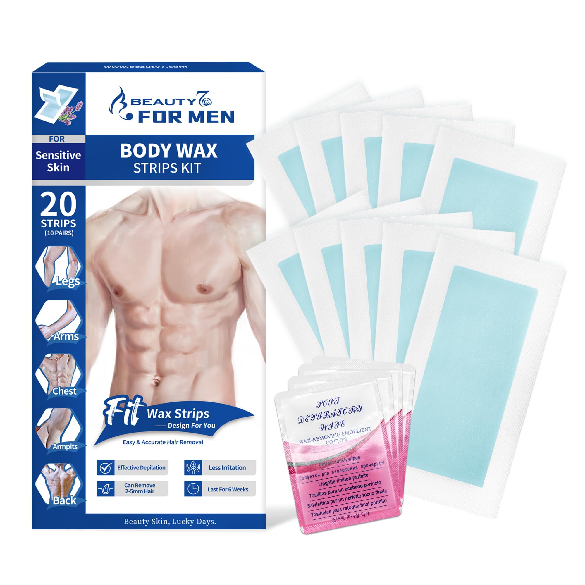 Bandas de cera Beauty7 para hombre, uso rápido y cómodo en casa.