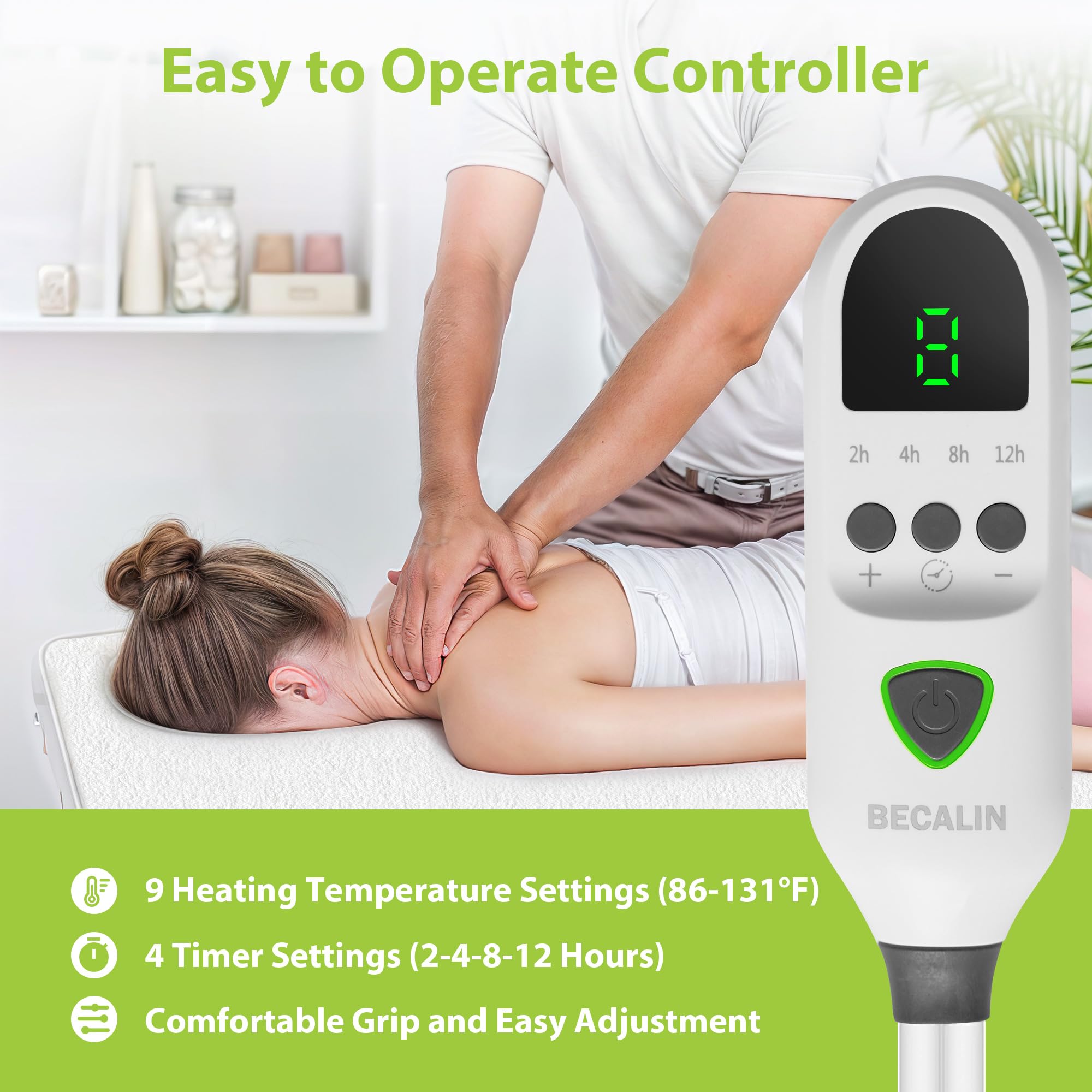 BECALIN manta calentadora con 9 niveles de calor se adapta a cada sesión.