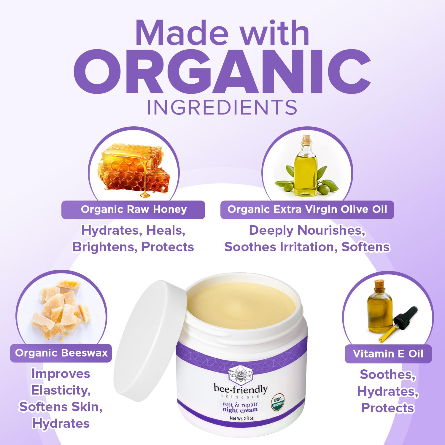 BeeFriendly Crema Nocturna Orgánica aplicada de noche para piel nutrida al despertar.