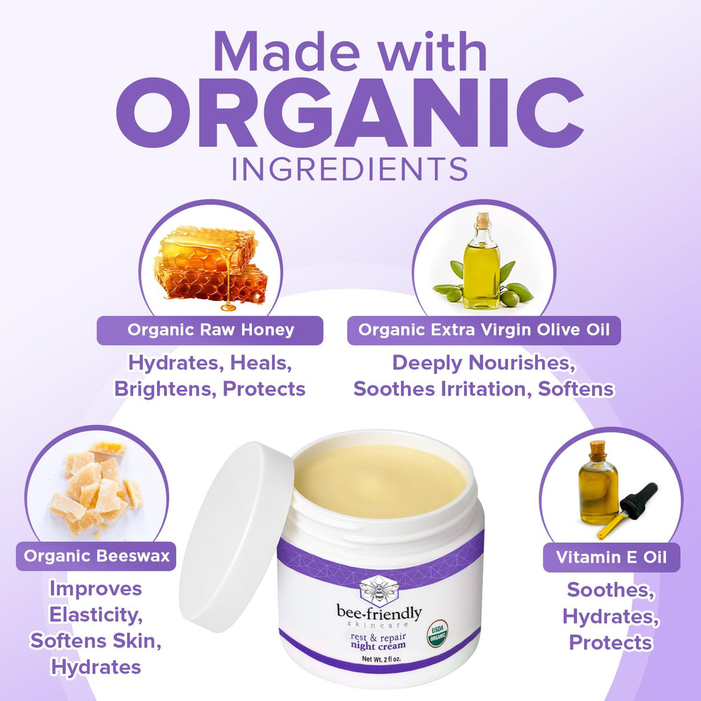 BeeFriendly Crema Nocturna Orgánica aplicada de noche para piel nutrida al despertar.